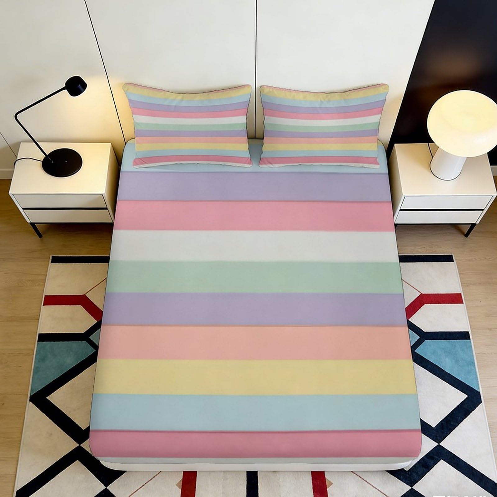 Jqzkxnhpbr Style-10 3D Printed Rainbow Stripe Fitted Sheet Microfiber Soft Pastel Colorful Bed Cover For Bedroom Guestroom Decor 90X200x25cm