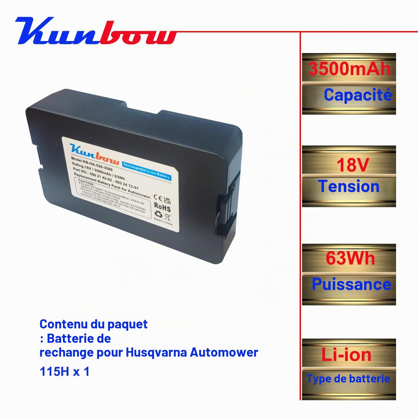 18V 3500mAh Batterie de remplacement pour robot tondeuse Husqvarna Automower 115H, Automower 305 2020, Automower 310 2020, Automower 520 2021, Automower 520 2022, Automower Limited Edition 2020
