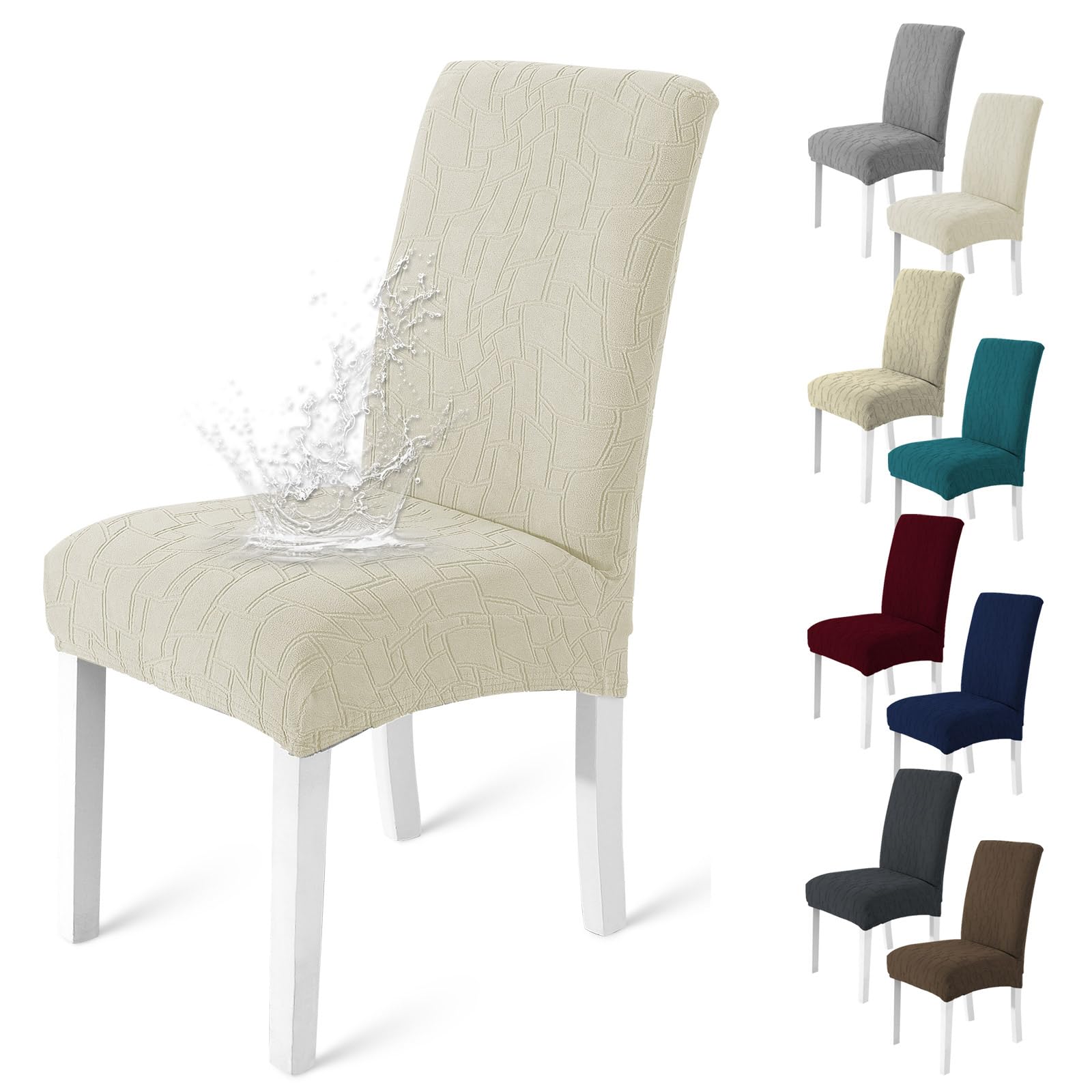 MAXIJIN Water-Repellent Dining Chair Covers Set of 6, Elastic Kitchen Living Chair Cover, Comfortable Soft Chair Slipcovers Anti-Scratch and Resistant, Washable Removable (Beige, Pack of 6)