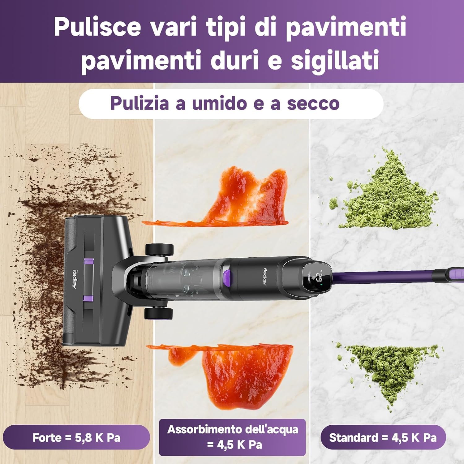 Redkey W15 Aspirapolvere e Lavapavimenti Senza Fili, 26.000 Pa Autopulizia e Lavaggio, 910ml Doppio Serbatoio, 3 Modalità, Autonomia Lunga, Display LED, 3 in 1Aspirapolvere Senza Fili Lavapavimenti