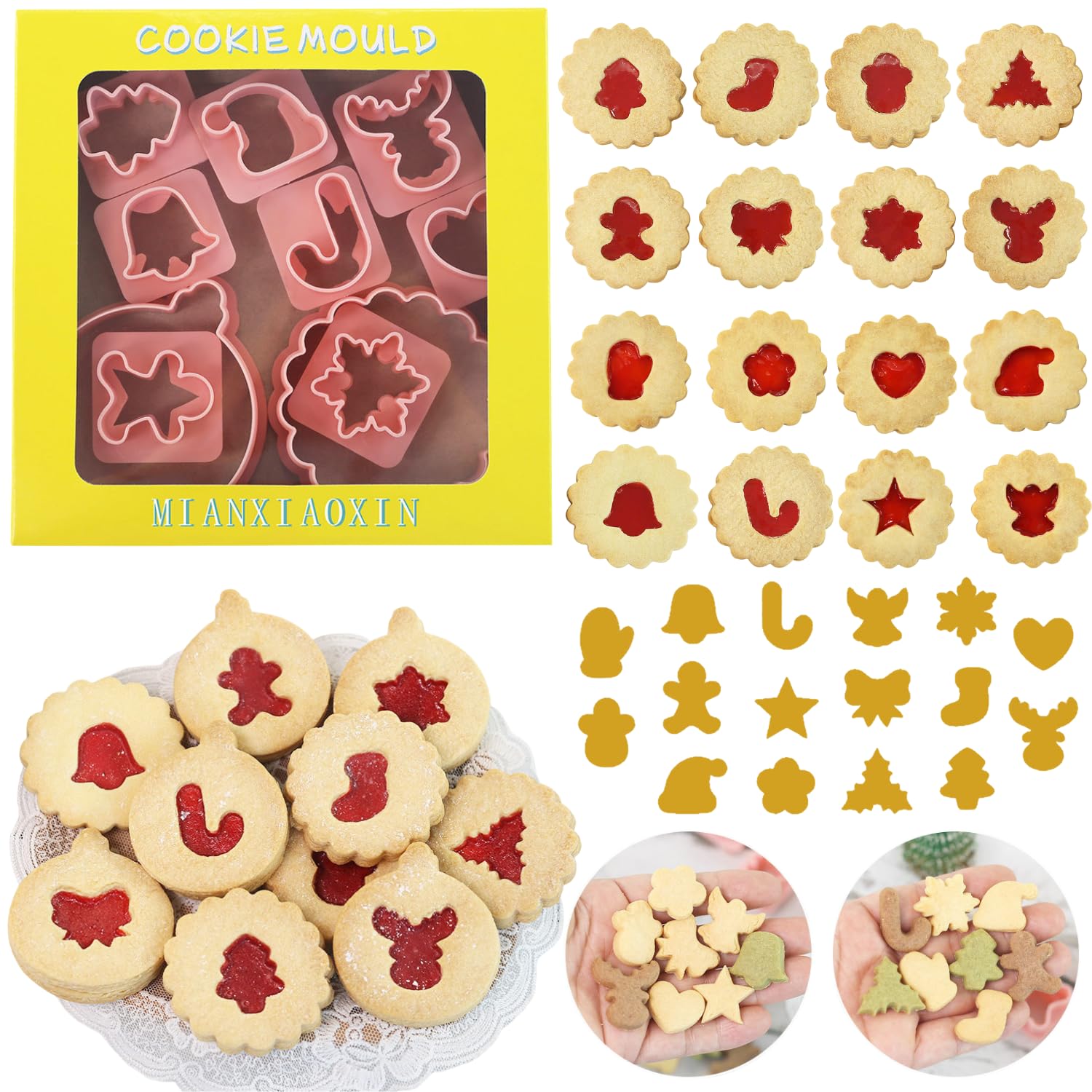 Christmas Linzer Cookie Cutters, 10 Pcs Mini Biscuit Cutters Plastic, 32 Styles Linzer Molds Mini Gingerbread Man Snowmen Shape for Christmas Winter Holiday Party Baking