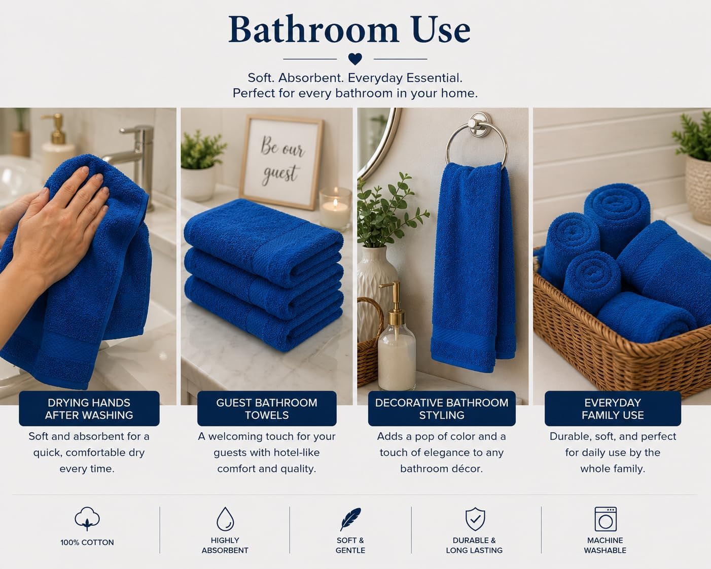 Premium Hand Towels Set of 2 for Bathroom 100% Ring Spun Cotton, 16 x 28 inches Ultra Soft 550GSM Sustainable, Highly Absorbent, Quick Drying, Towelss Ideal for Bathroom, Hotels, Spa, Dorm (Navy Blue)