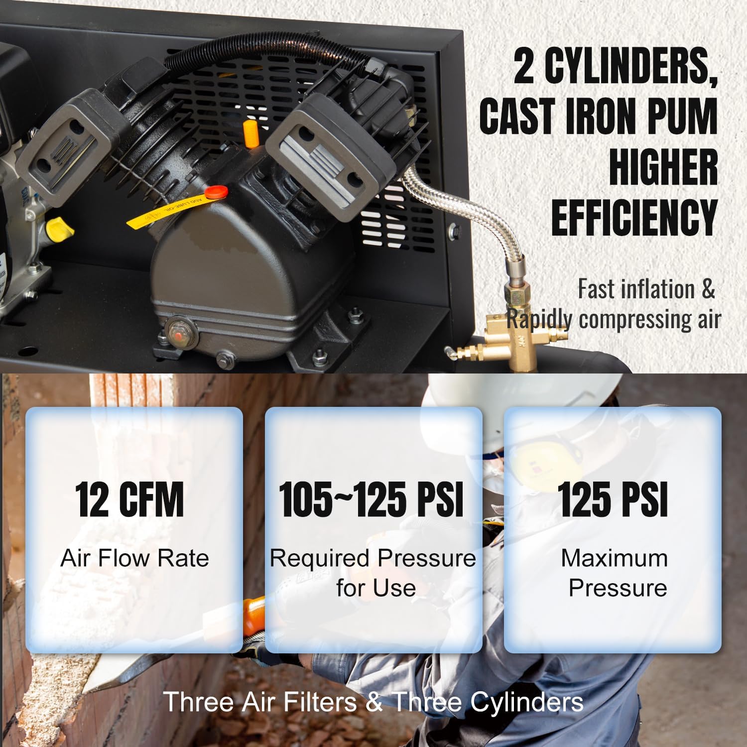 6.5HP Gas Powered Air Compressor 12CFM Portable Gasoline Driven Piston Pump Air Compressed System with 125PSI Max. Pressure and 9 Gal Air Tank for Workshop, Construction Sites, Machinery