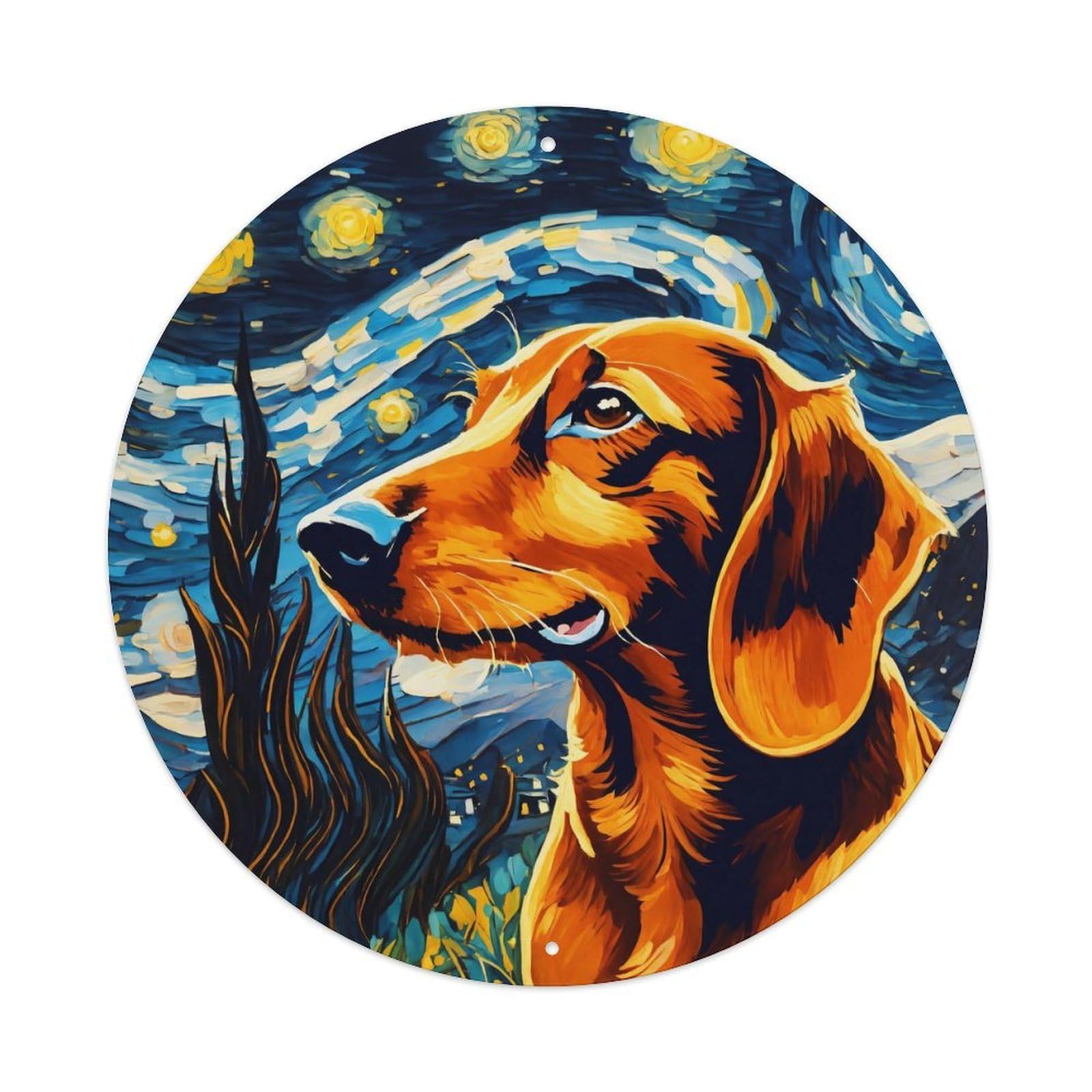 Vintage Art Starry Night Curious Dachshund Vintage Metal Tin Sign Plaque Wall Decor for Cafe, Club, Garden Round Metal Poster 8x8Inch