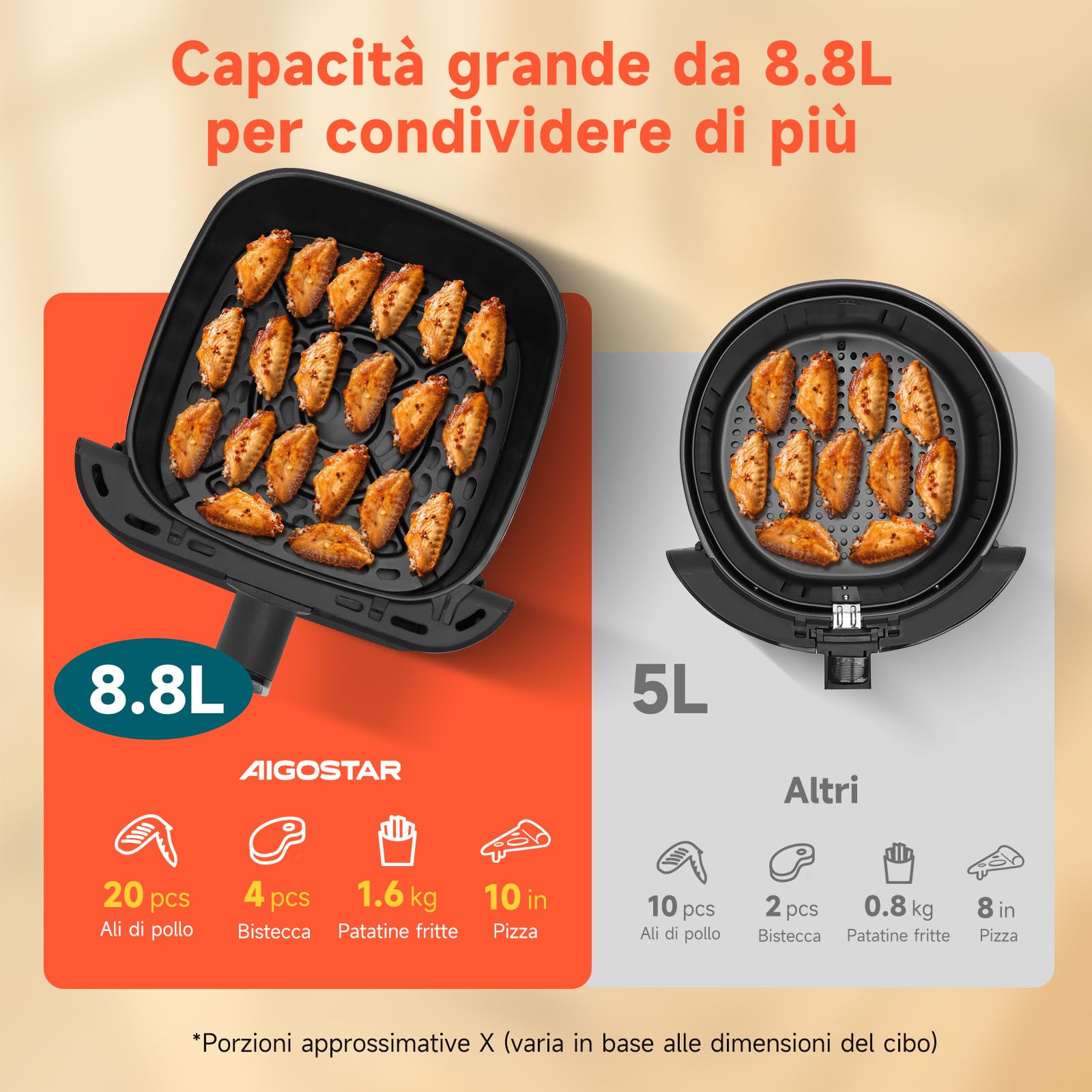 Aigostar Friggitrice ad Aria XXL 8,8 Litri, Air Fryer Doppia Resistenza, Risparmio Energetico 55%, 13 Programmi, Interno Acciaio Inox, Touchscreen & Finestra, Comunità Ricette, 2200W, Nero