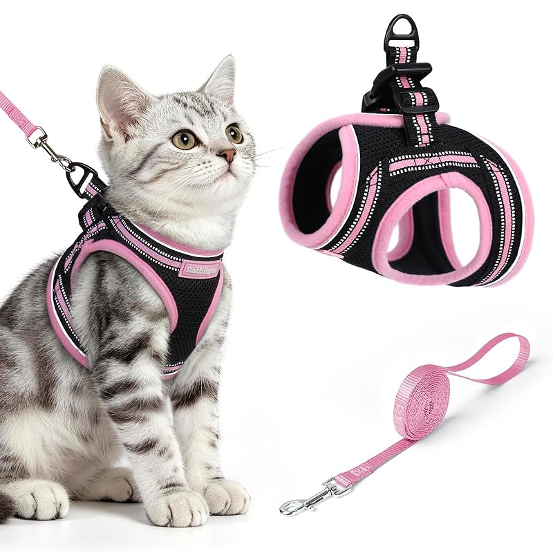 Peitoral para Gatos com Guia, Vestido Macio Ajustável rabbitgoo Preto e Rosa, Tamanho M