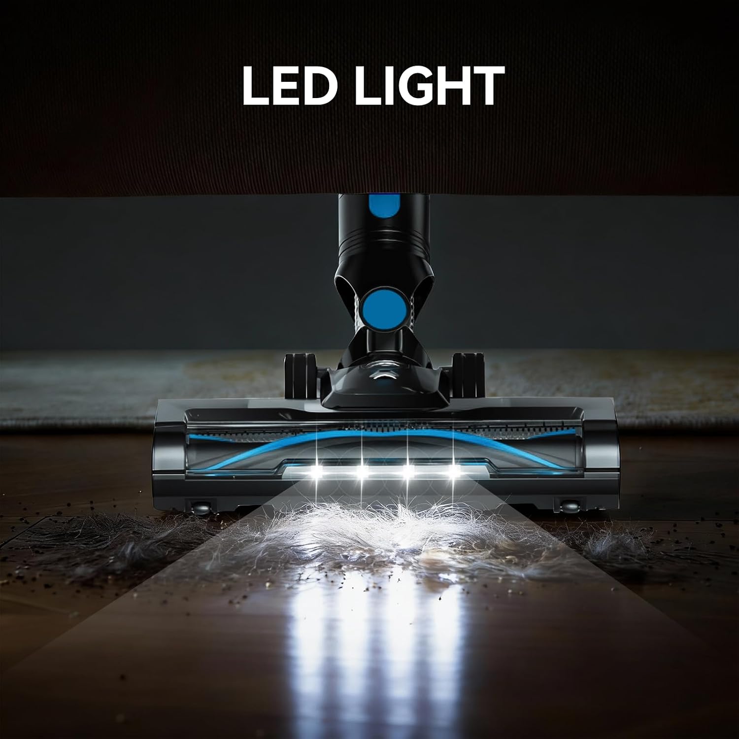 DUMOS Cordless Vacuum Cleaner LED lights illuminating dust on floor