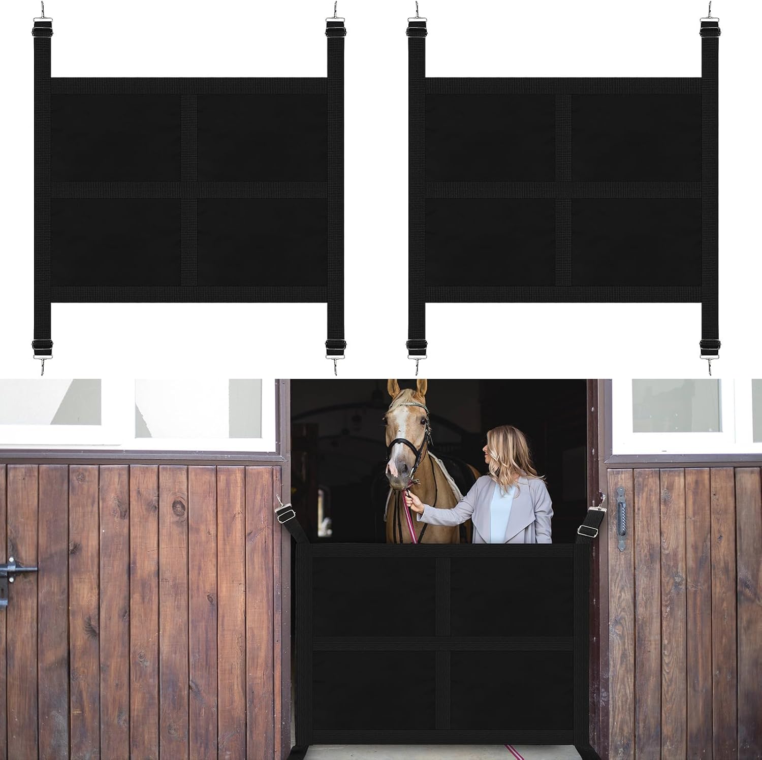 Abbylike 2 Pcs Horse Stall Guard with Adjustable Straps 27 x 19 Inch Aisle Guard for Horses Easy Installation Door for Horses to Keep Horse Securely in Stall in Style Black Oxford Cloth Reusable