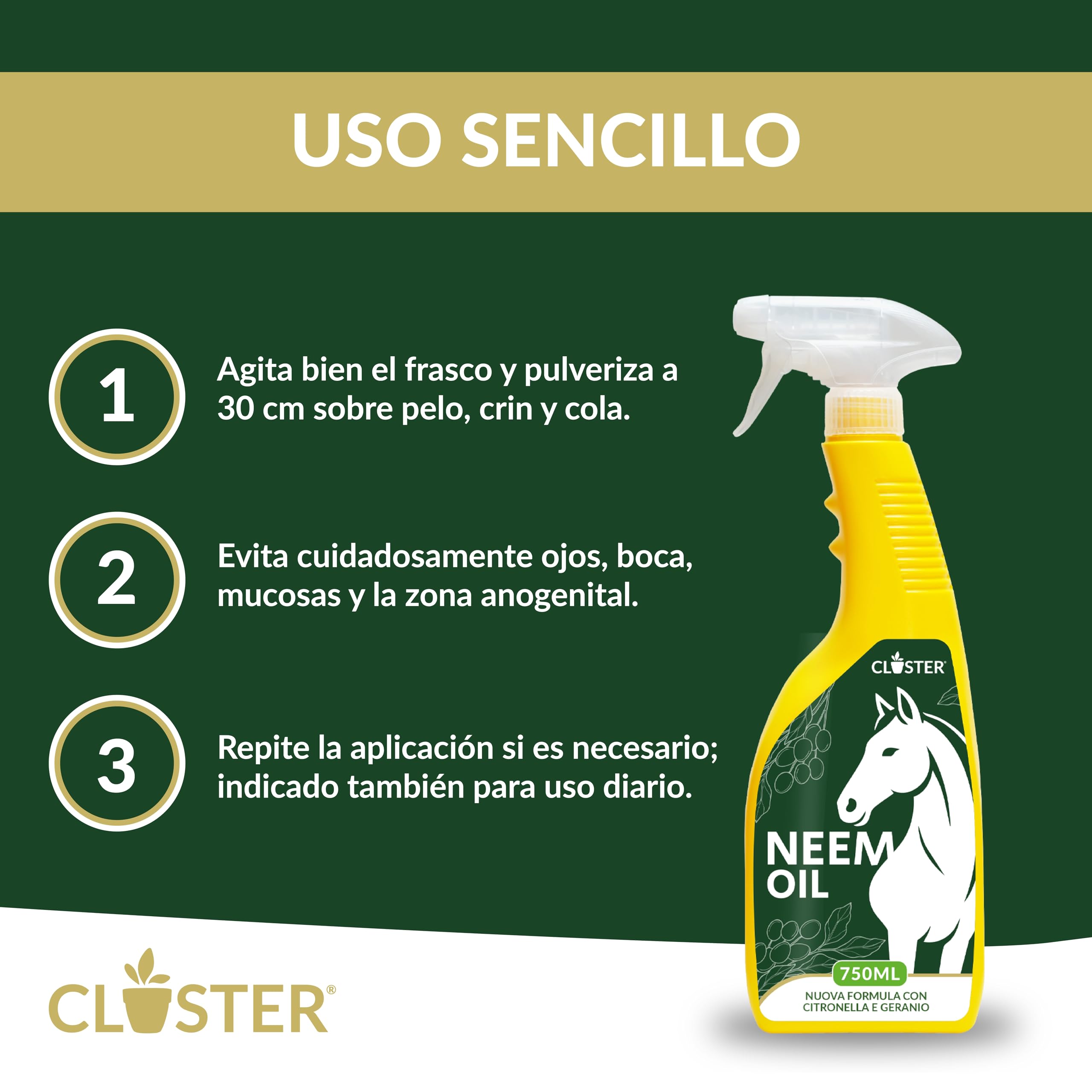 STOPPEE Aceite de Neem para Caballos Spray 750ml Made in Italy - contra Tafani, Garrapatas, Moscas, Pulgas, Mosquitos e Insectos con Geranio y Citronela - Combinable con Repelente Antiparasitario