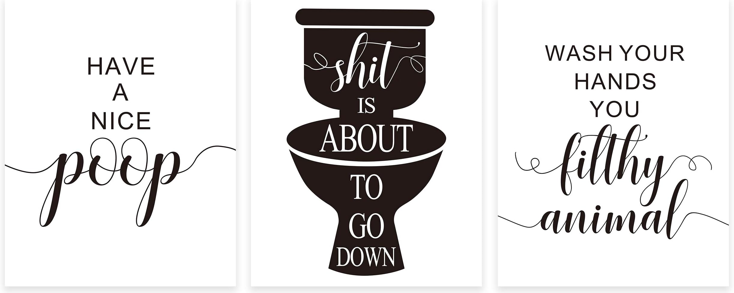 KAIRNE Funny Bathroom Quote And Saying Art Print Wash Your Hand Lettering Wall Poster Painting, Set Of 3(8”*10”Unframed) Black And White Toilet Sign Wall Art For Home Decor