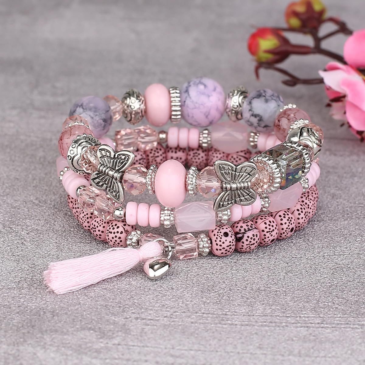 Bohemian Stackable Bead Bracelets, Multilayered Boho Strand Bangle Charm Jewelry2