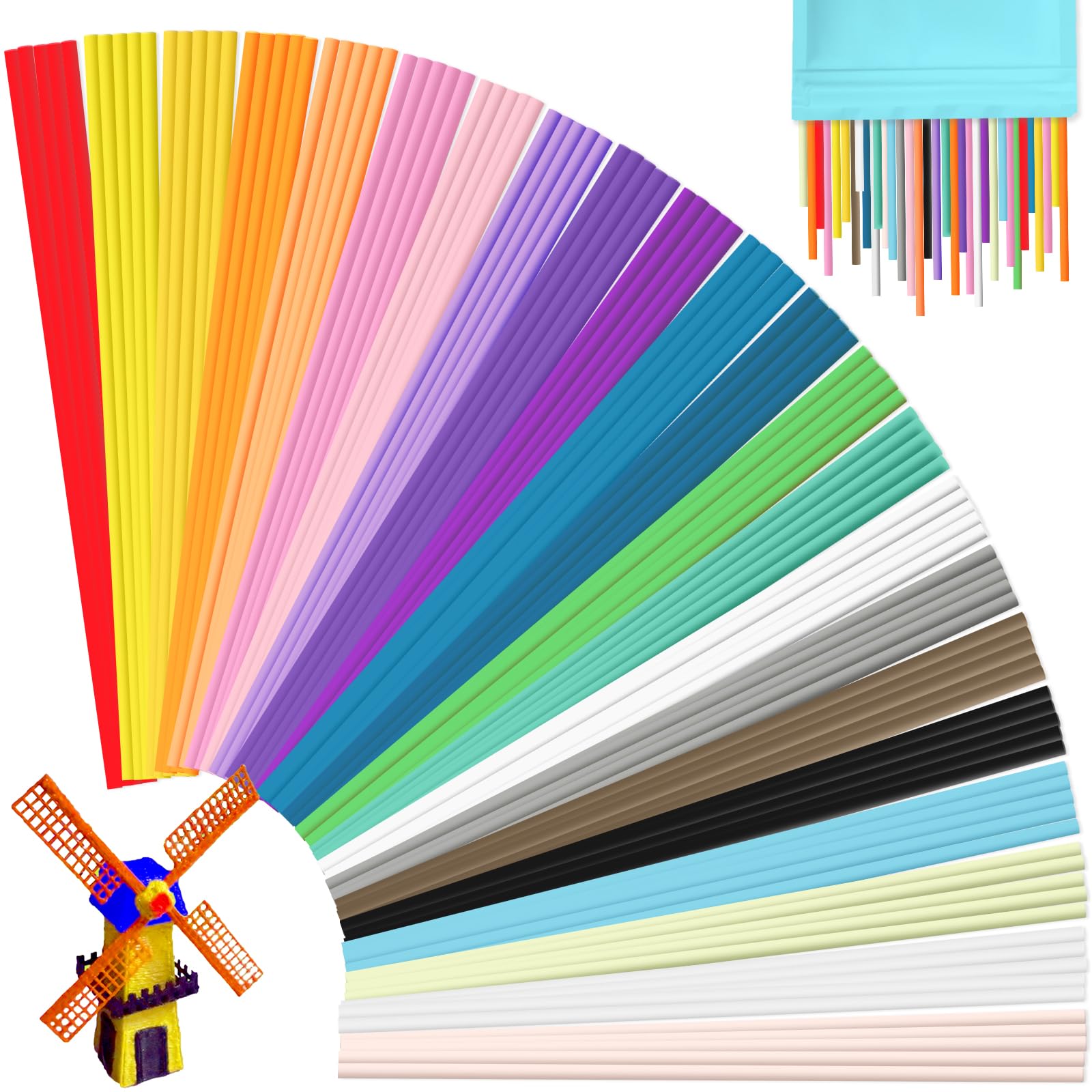 22 Colors 3D Printer Filament Refill for Start 3D Pen,2.5mm Thick Low Print Temperature PCL Filament Only Fit for 3Doodler Pen,Each Length 6 Inch, Each Color 5pcs, Total 110pcs-image-45