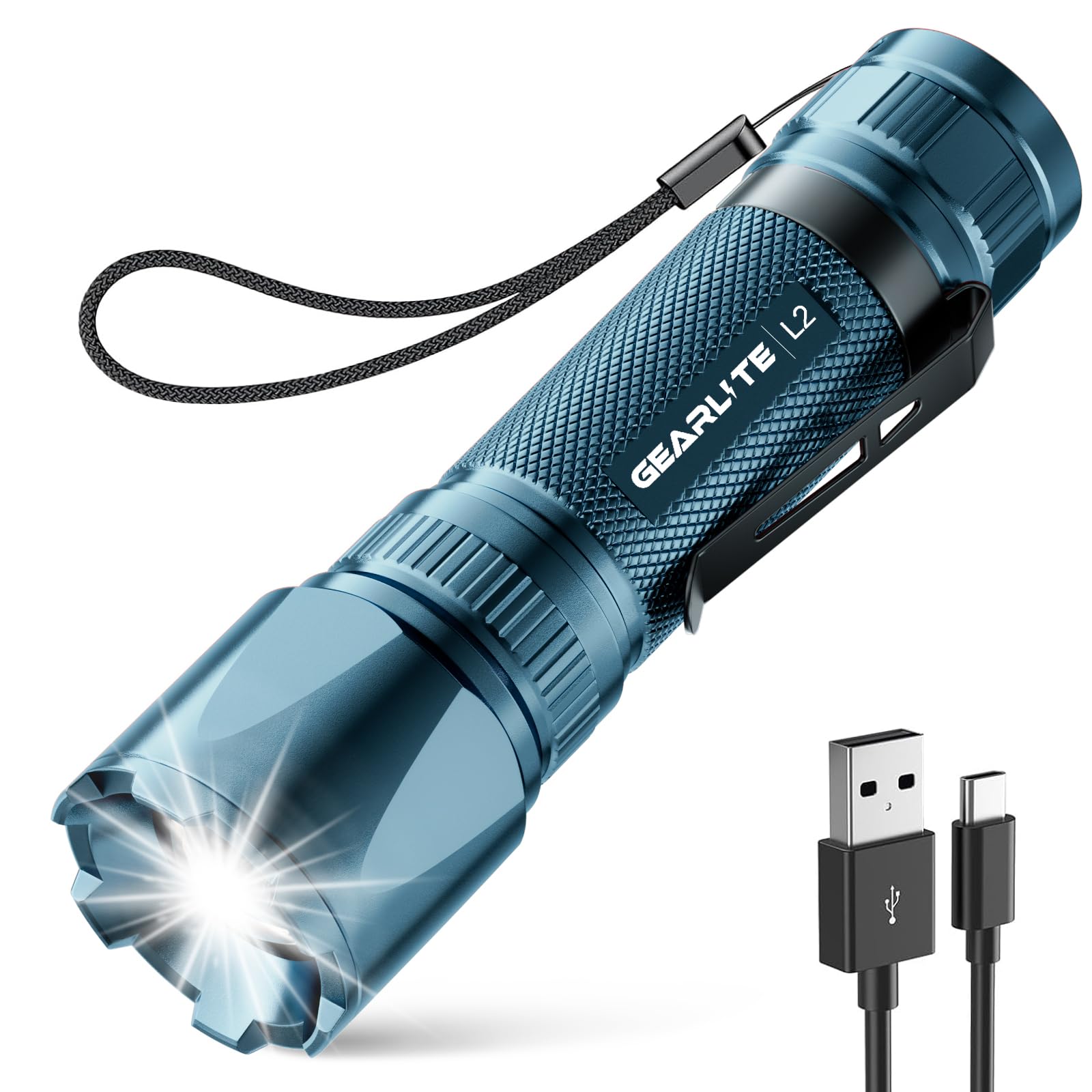 GEARLITE LED Torch Rechargeable, 3500LM Torches LED Super Bright with Clip Adjustable Focus, 3 Lighting Modes Waterproof Small Torch for Power Cuts, Emergency, Camping, Hiking, Outdoor(Blue)
