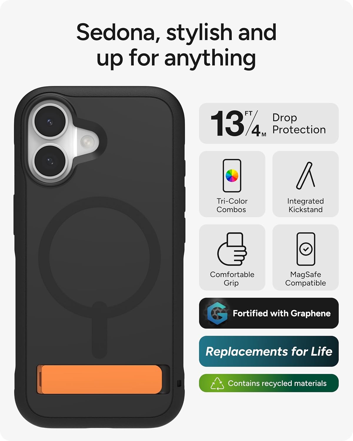 ZAGG Sedona Snap Case with Kickstand for iPhone 17 - Flood Black, Drop Protection (13ft/4m), Multi-Layer Protection, with Camera Button, MagSafe Phone Case with Impact-Absorbing Bumpers - Image 2