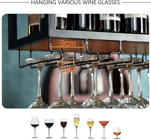 Miniatura 4 de Estante de techo para copas de vino, estante colgante para vino con soporte para vidrio y estante, soporte para botellas de vino colgante industrial