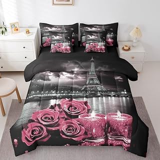 Erosebridal Paris Queen Comforter Set with Sheets 7 Piece,Retro Pink Rose Candle Bedding Romantic Floral Eiffel Tower Bed in A Bag for Girls Adults Men Women Wedding Valentine's Bed Set Black