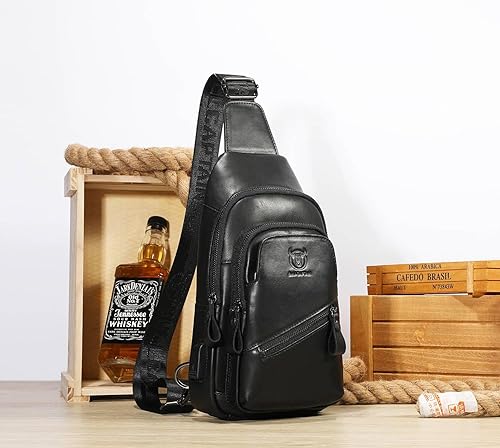 Vista 6 de BULLCAPTAIN Bolso bandolera de cuero para hombres con puerto de carga USB, bolsa de hombro, mochila cruzada para senderismo, mochila de viaje