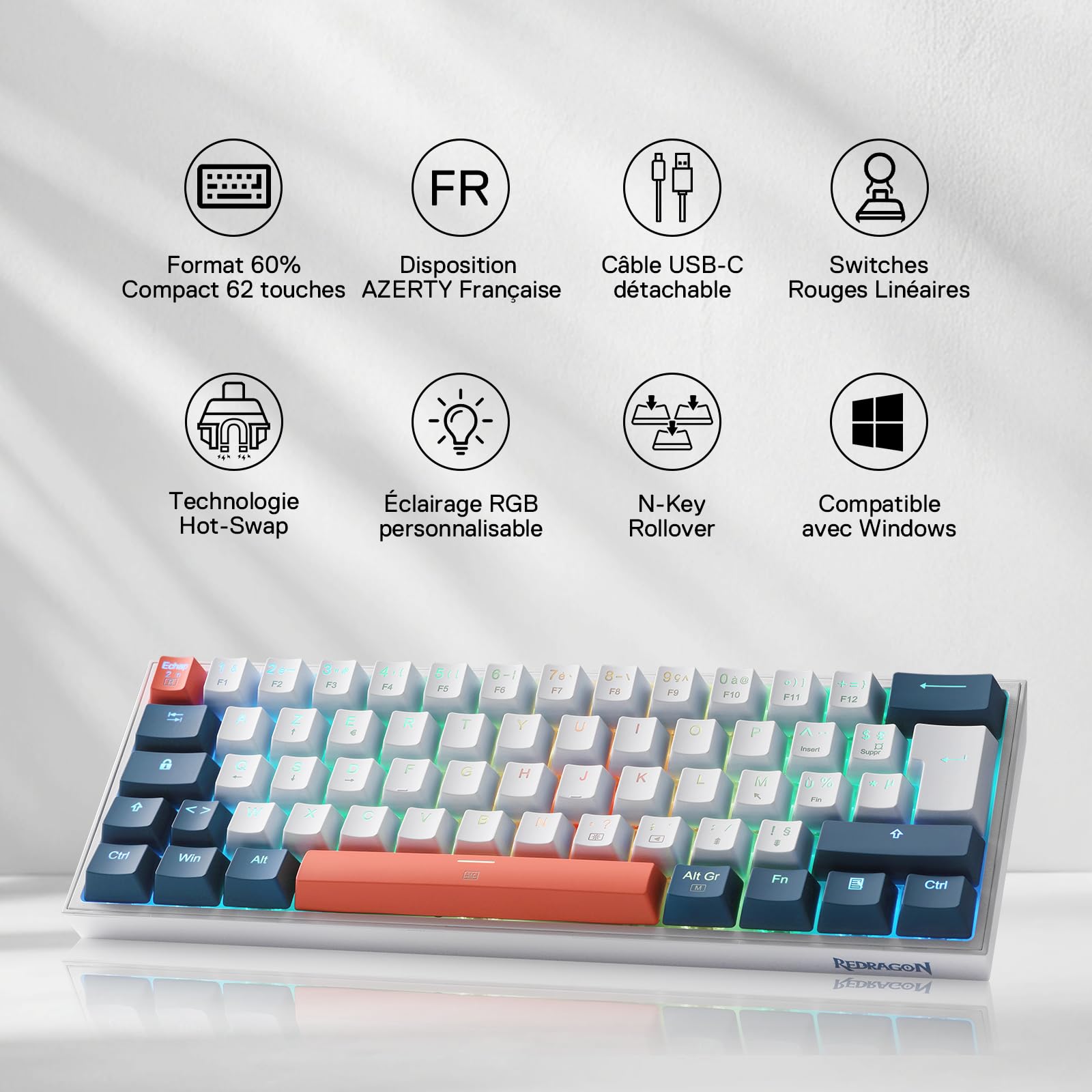 Redragon K617 Clavier de Jeu RVB Filaire 60%, AZERTY Clavier mécanique Compact 61 Touches, commutateur Rouge linéaire, Prise en Charge des Pilotes Pro, FR Layout