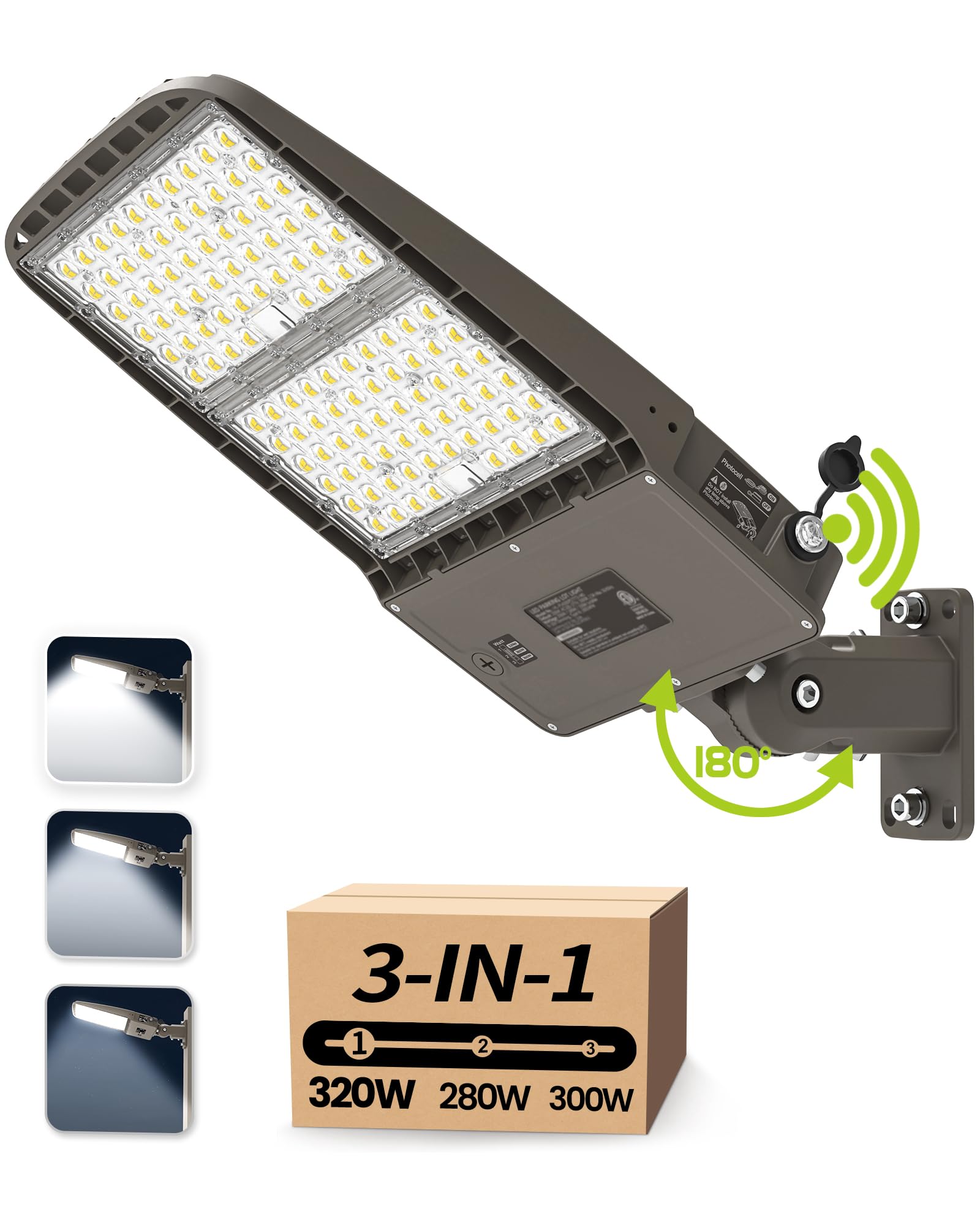 Parking Lot Light 320W/300W/280W Selectable, 51200LM (160LM/W) LED Parking Lot Light, 5000K LED Shoebox Light Dusk to Dawn Photocell, IP65 Street Light, Adjustable Arm & Slip Fitter in 1 Mount
