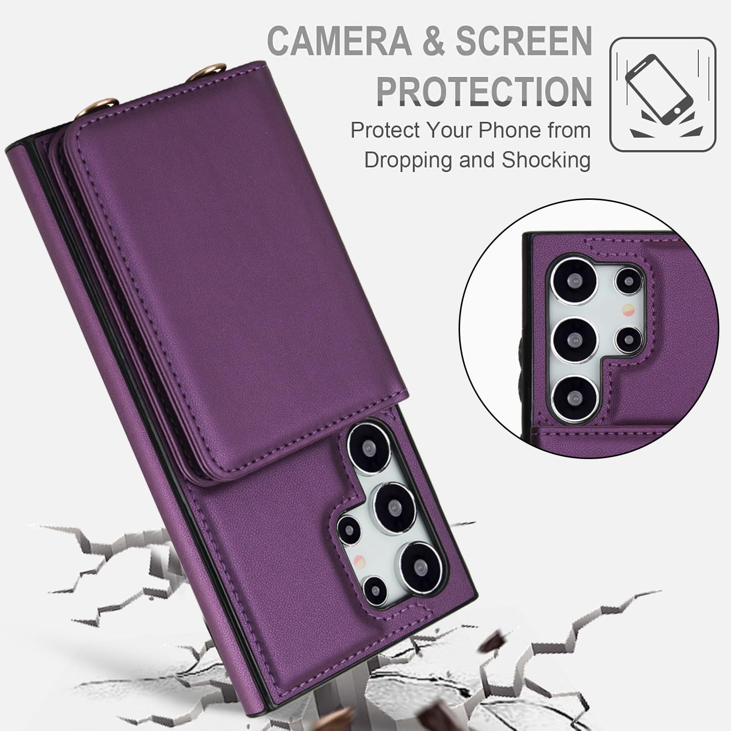 Asuwish Phone Case for Samsung Galaxy S25 Ultra 5G Wallet Cell Cover with Tempered Glass Screen Protector Wrist Strap RFID Blocking Card Holder S25Ultra 25S S 25 25Ultra 6.9 2025 Women Men Dark Purple