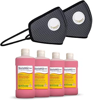 SterloMax Ethanol based Sanitizer E-80 - 4 Pack x 500 ml Sanitizer with 2xFree Fresh Filter 6 Ply Anti-Pollution Reusable Valved Outdoor Masks