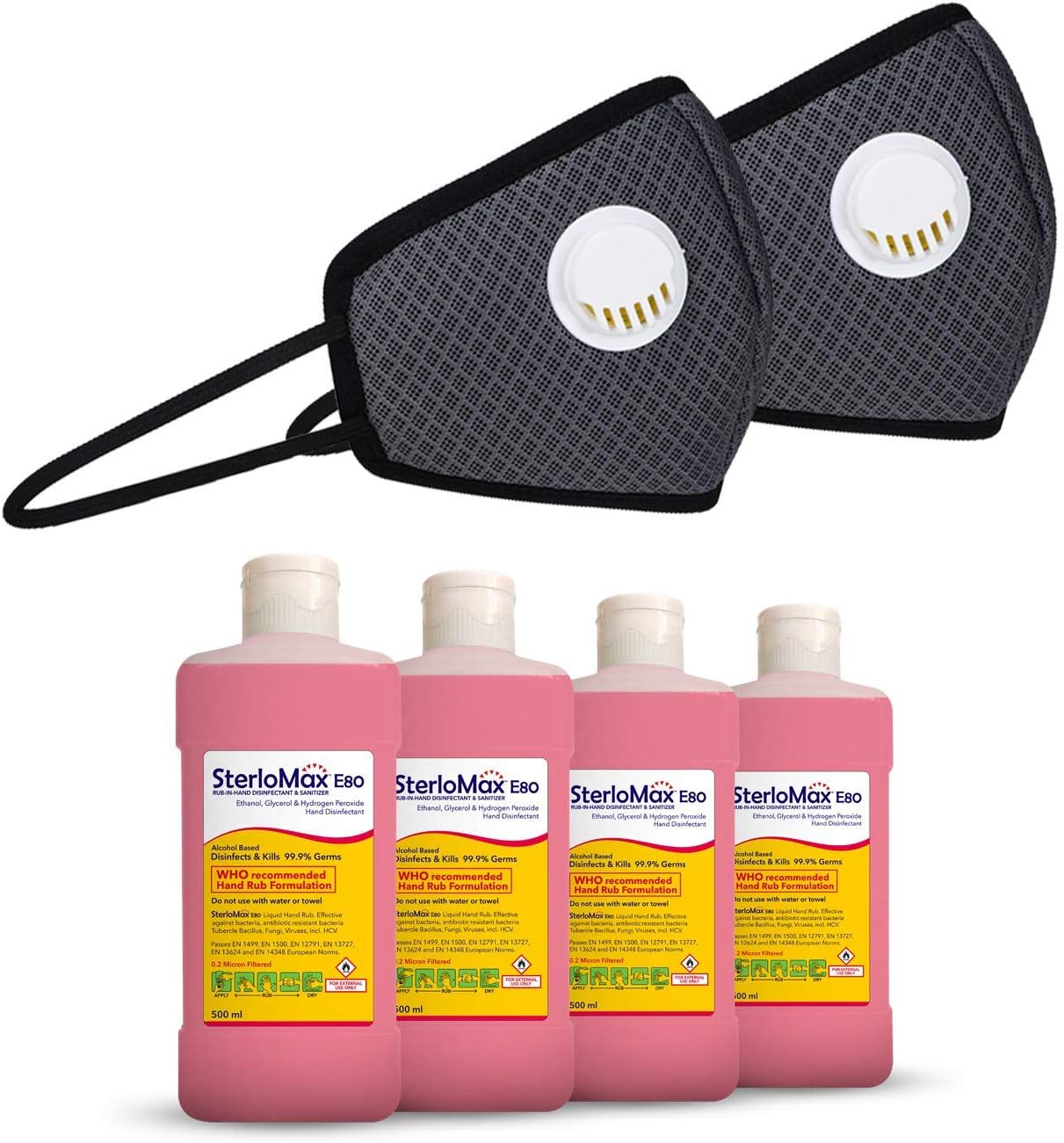 SterloMax Ethanol based Sanitizer E-80 - 4 Pack x 500 ml Sanitizer with 2xFree Fresh Filter 6 Ply Anti-Pollution Reusable Valved Outdoor Masks
