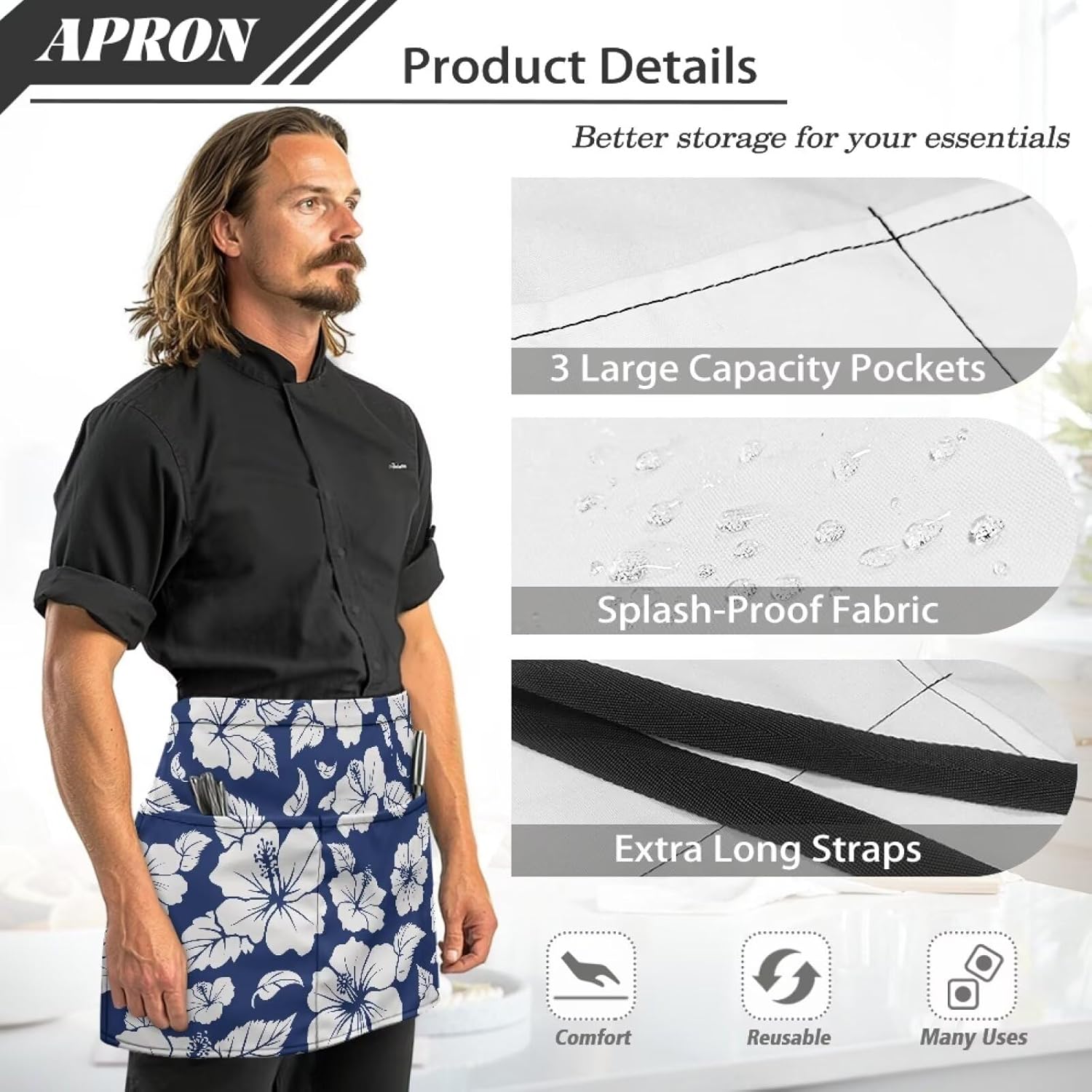 doginthehole Waist Apron With 3 Pockets Waitress Waiter Server Short Aprons Reusable Half Apron for Women Men