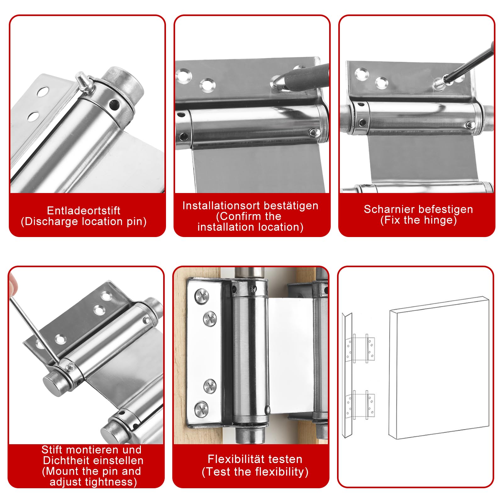 Bisagra para puerta de péndulo (4 unidades, acero inoxidable, 130 mm, cierre automático, 15 kg de capacidad de carga, bisagra de resorte para mostrador, puerta batiente y puertas de madera (4