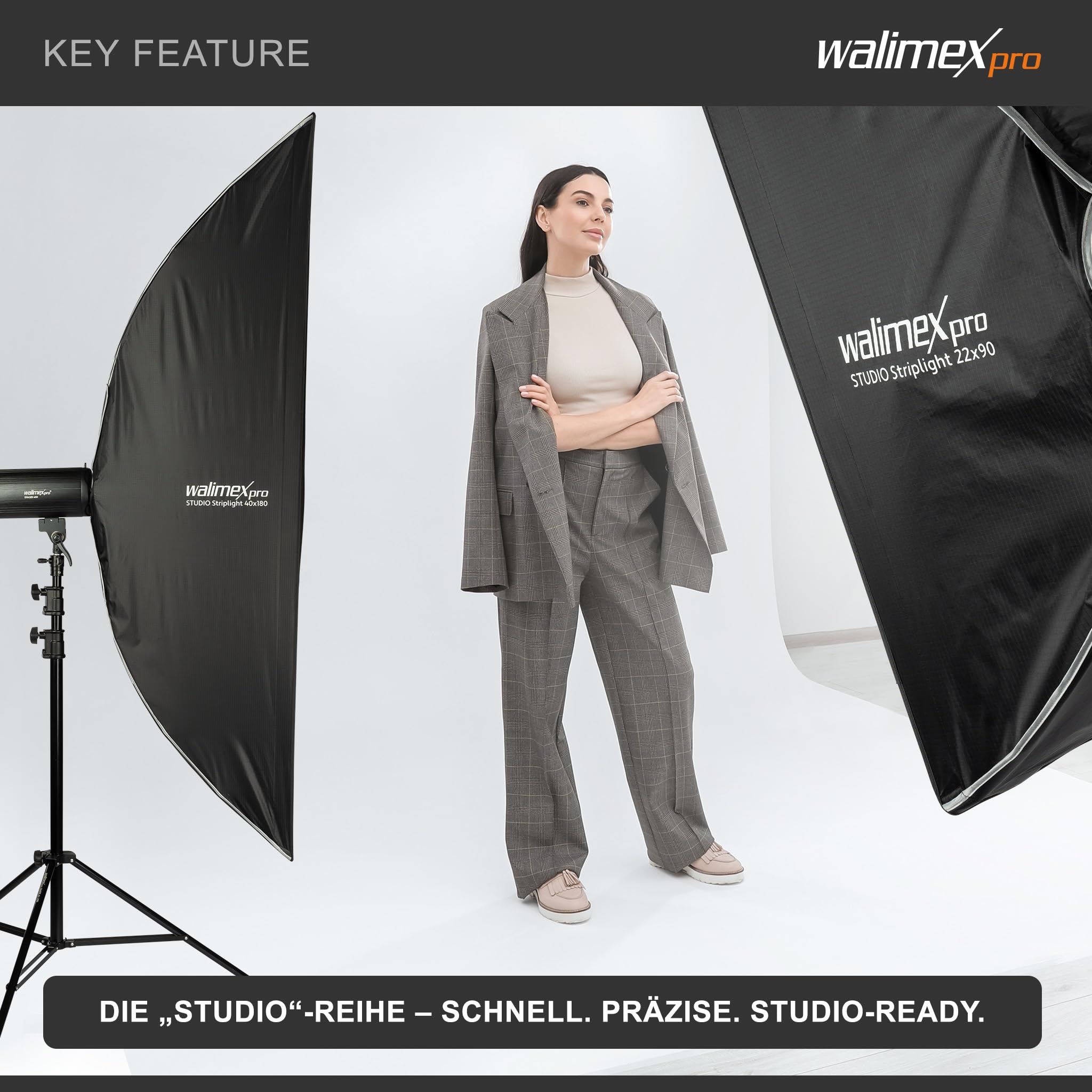 Walimex pro Studio Striplight Softbox 40 x 180 cm, Giratorio 360°, fácil Montaje Gracias a la función de sombrilla, Incluye Rejilla, máscara, Adaptador Bowens y Bolsa de Transporte, Ideal para
