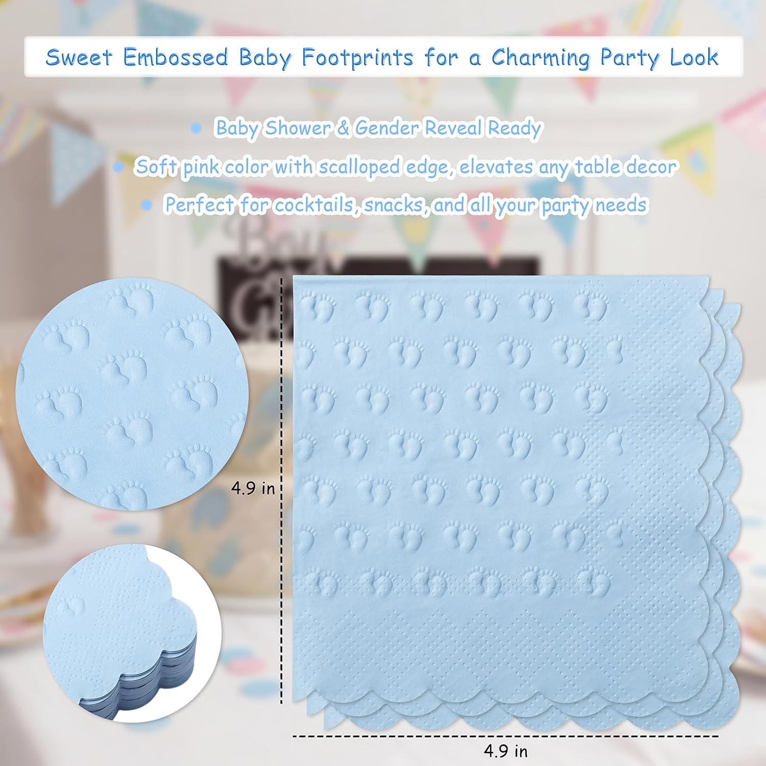 Crisky 3 Ply Baby Shower Napkins for Boy, 50 Pack Embossed Footprints Blue Napkins for Dusty Blue Jean Boy Baby Shower Decorations, Disposable Paper Cocktail Napkin, and Not Easily Torn