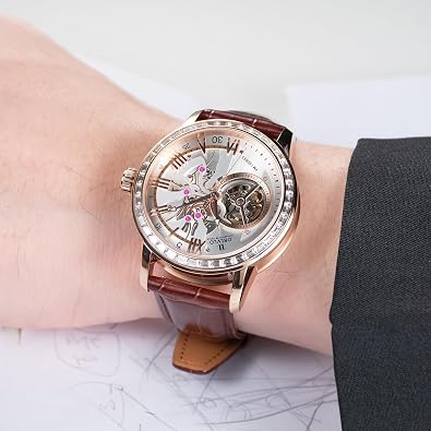 OBLVLO Skeleton Automatic Wristwatch with Leather Strap, Blue Dial, Diamonds Bezel