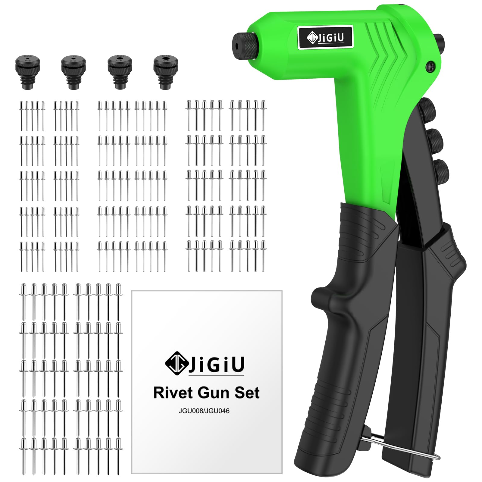 JiGiU Pistolet à Rivets avec 200 Rivets, Kit de Pistolet à Rivets à Main, Outil de Rivetage Manuel Professionnel avec 4 Embouts Interchangeables Sans Outil, Design de Poignée Ergonomique