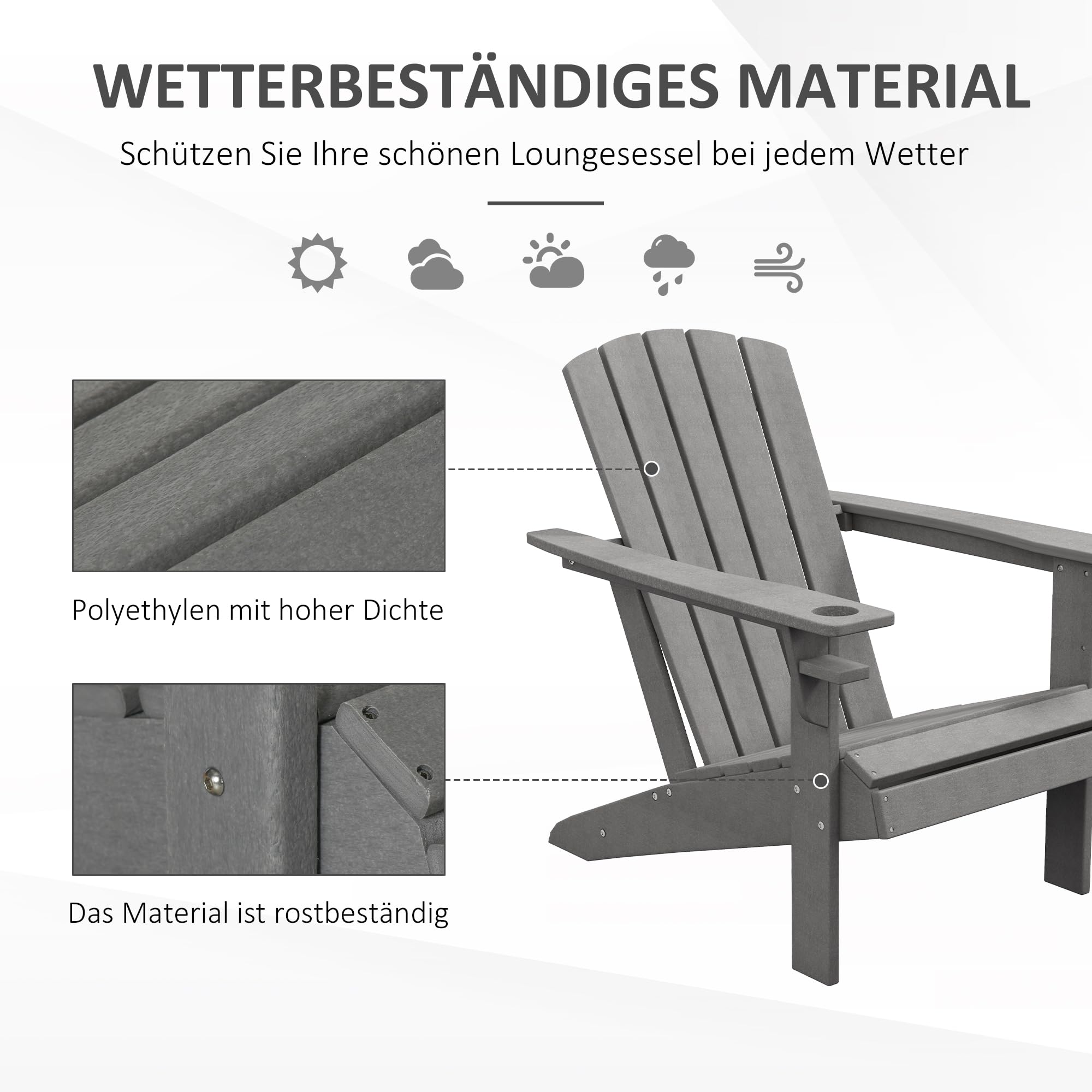 Outsunny Gartenstuhl mit Getränkehalter, Terrassenstuhl, Gartensessel, Gartenmöbel, Balkonstuhl, Adirondack, Grau, HDPE, 75 x 87 x 90 cm
