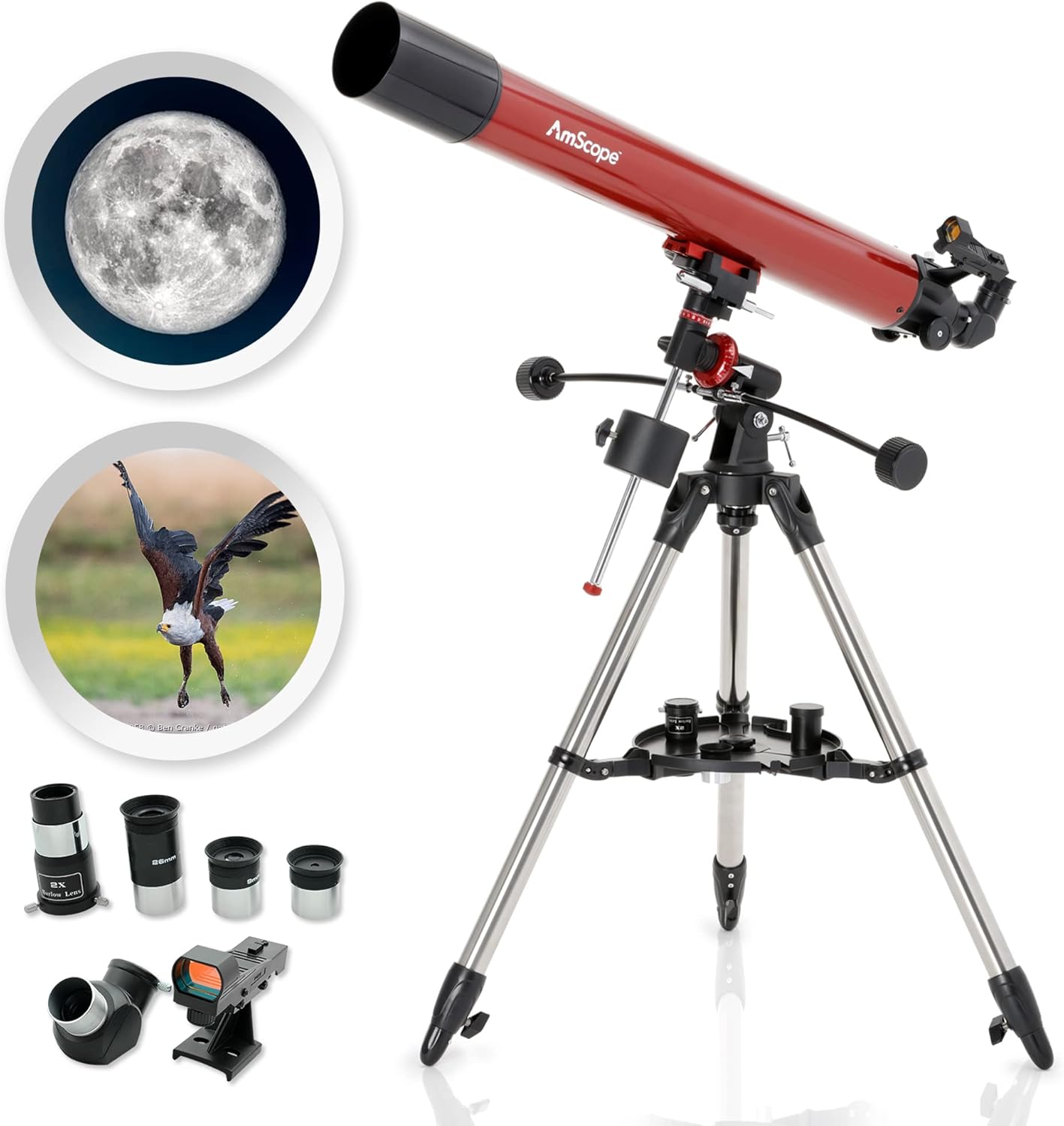 AmScope Refractor EQ Telescope with Equatorial Mount, 80mm Aperture, 900mm Focal Length, Stainless Steel Tripod and Red Dot Finder
