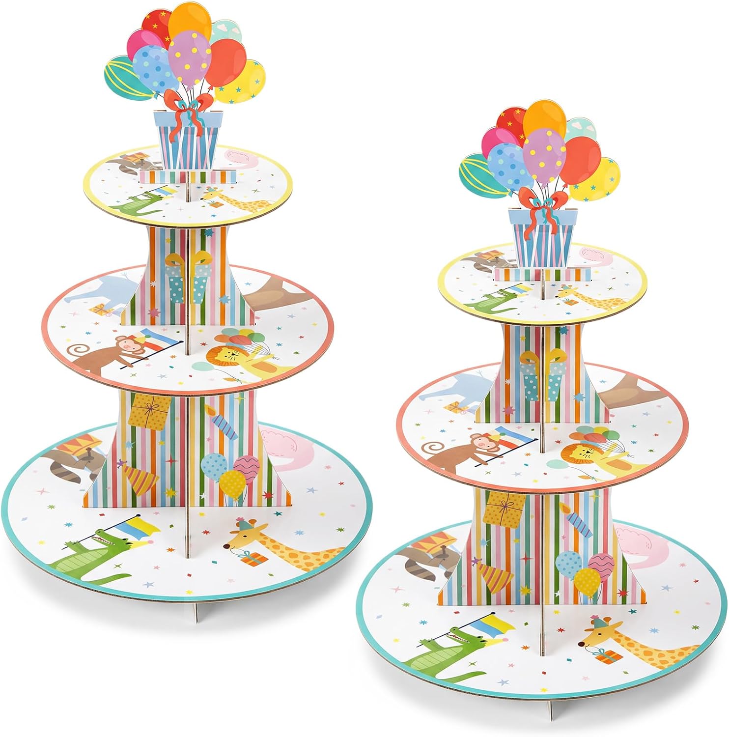 Potchen 2 Pcs Animal Parade Theme Party Cupcake Stand 3 Tier Jungle Wild Animal Parade Theme Cupcake Tower Pastel Cardboard Dessert Stand for Baby Shower Birthday Party Decorations