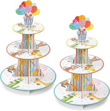 Potchen 2 Pcs Animal Parade Theme Party Cupcake Stand 3 Tier Jungle Wild Animal Parade Theme Cupcake Tower Pastel Cardboard Dessert Stand for Baby Shower Birthday Party Decorations