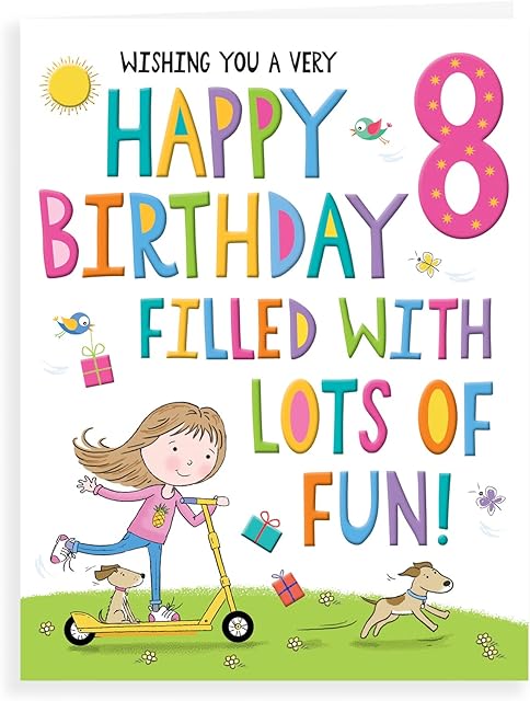 Hatty Boots Birthday Card for (8) Year old girl,grey|pink|green|blue|yellow|beige