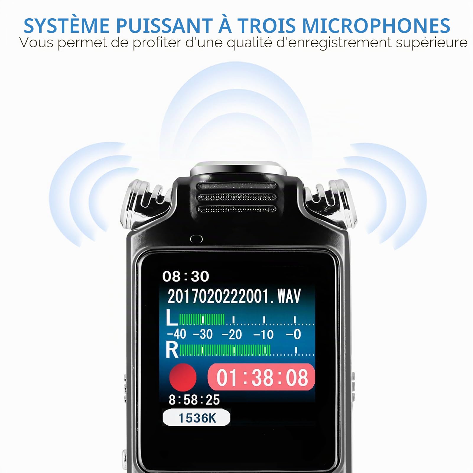 Docooler Enregistreur vocal de 8 Go, enregistreur audio avec annulation de bruit, double microphone pour enregistrement activé par la voix HD, boîtier en métal