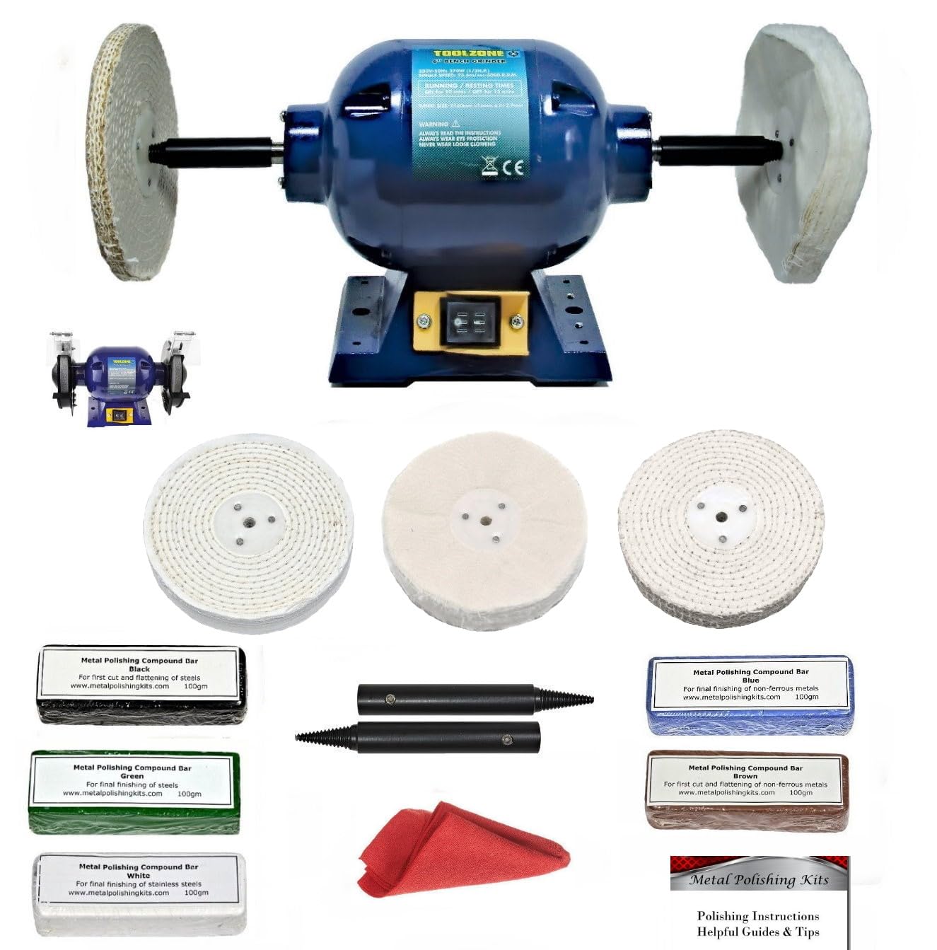 White 375W Bench Grinder Metal Polisher Polishing 6" Machine With 6" Metal Polishing Kit