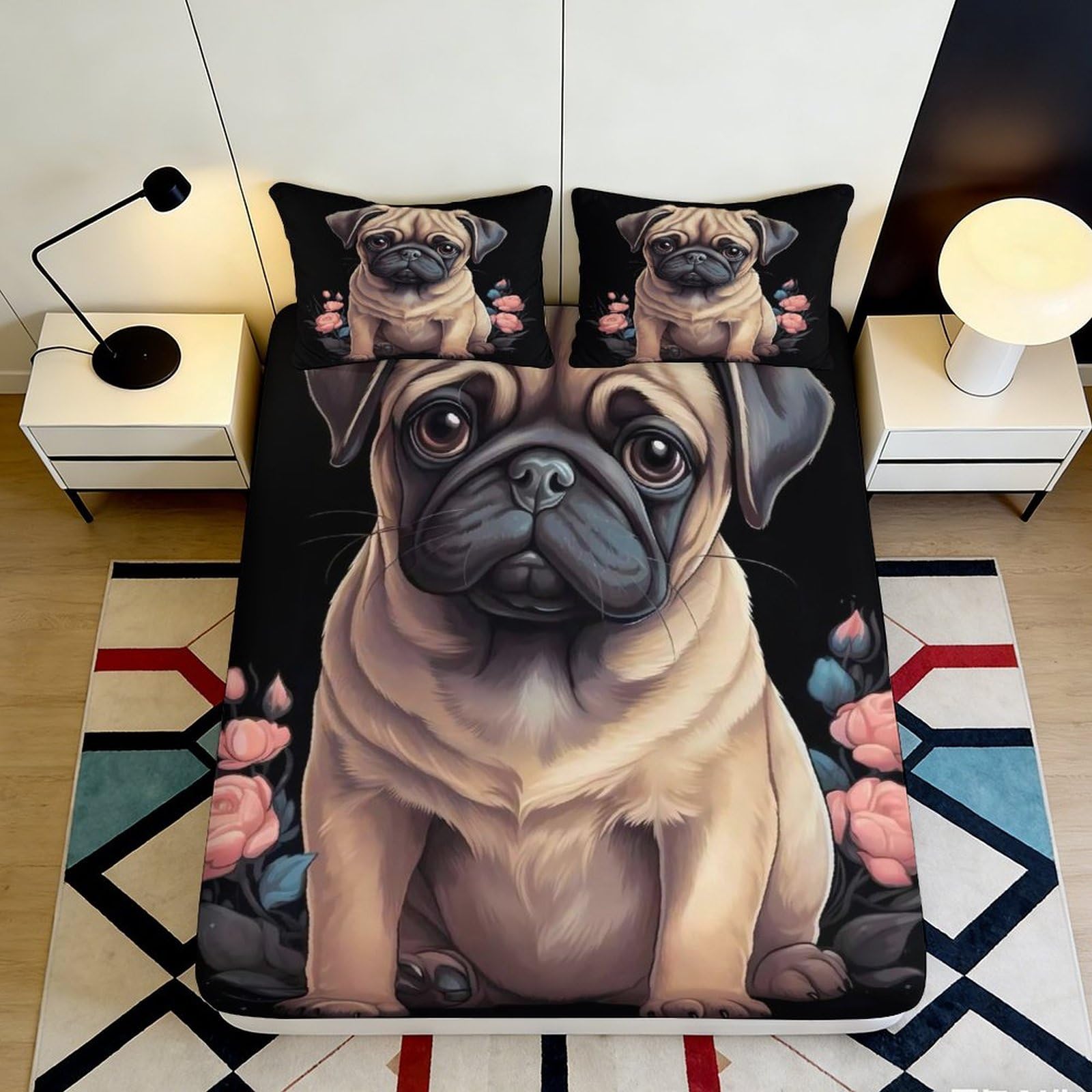 3D Printed Pug Dog Fitted Sheet Microfiber Floral Bed Cover for Bedroom Guest Room Mattress Protection Decor 90x200x25cm