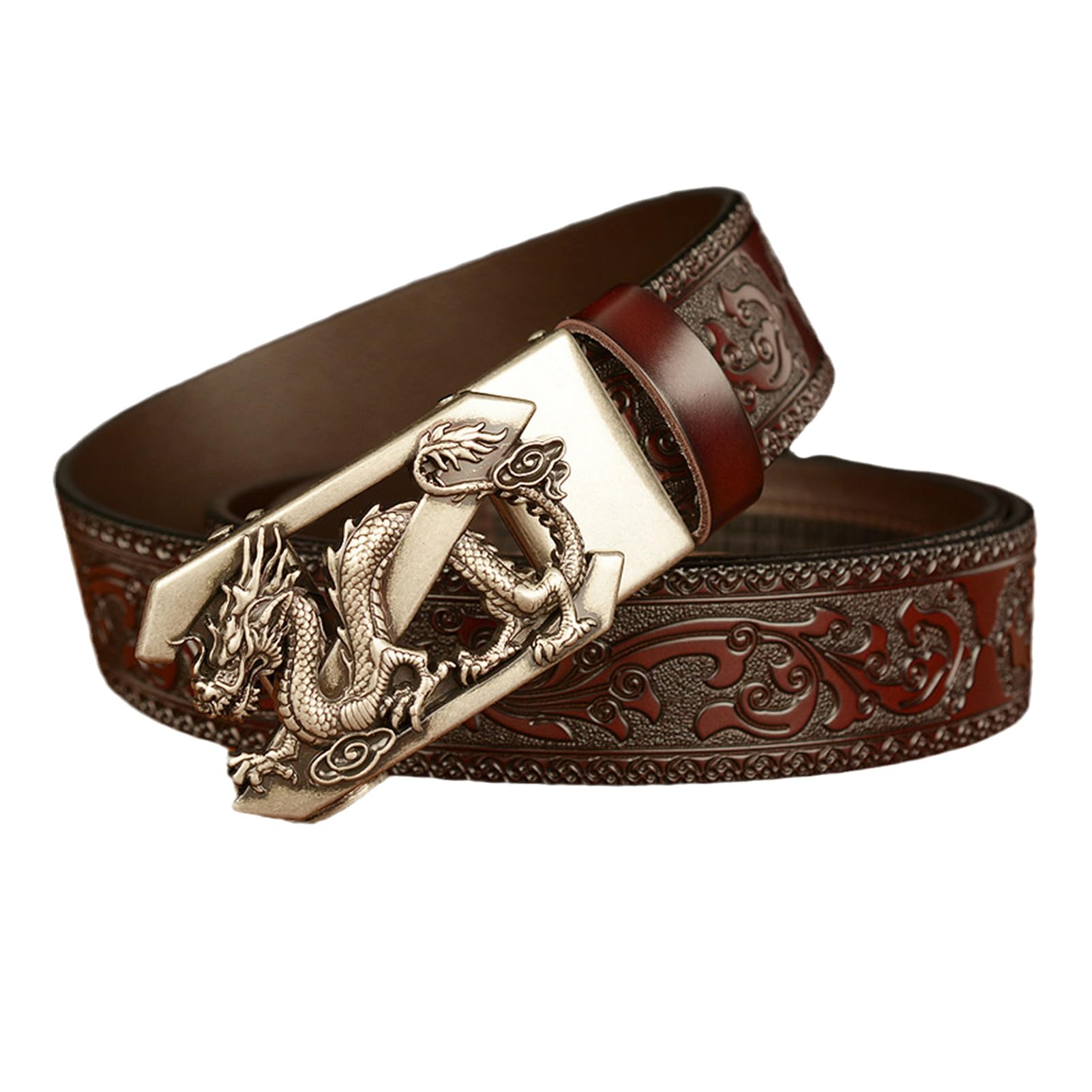 Cinturón De Cuero Con Trinquete Deslizante Lobo Plateado Grabado En Relieve Hebilla Automática Ajustable Occidental Clásico 115 Cm Se Adapta A Cinturas 38 "-40" Negro