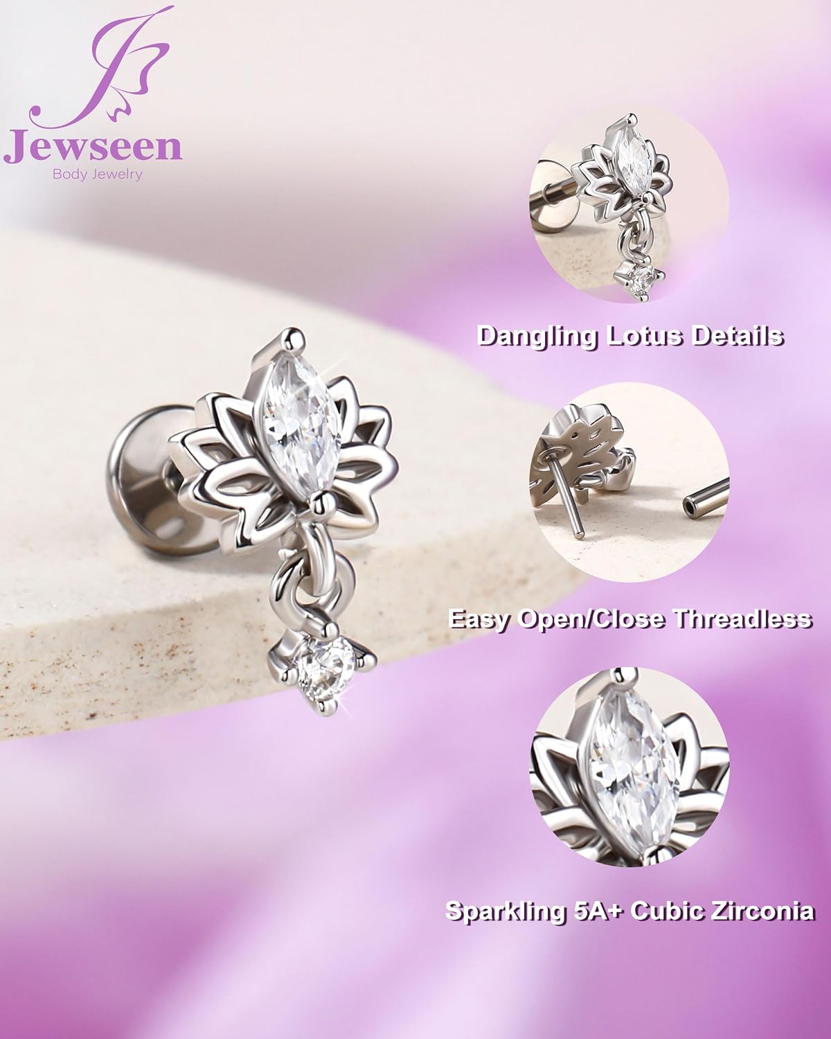 Jewseen 18G Lotus Helix Piercing Jewelry Titanium Threadless Flat Back Nose Stud 6MM Dangle Cartilage Conch Tragus Helix Earrings for Women Nose Piercing 18G Surgical Steel Labret Studs