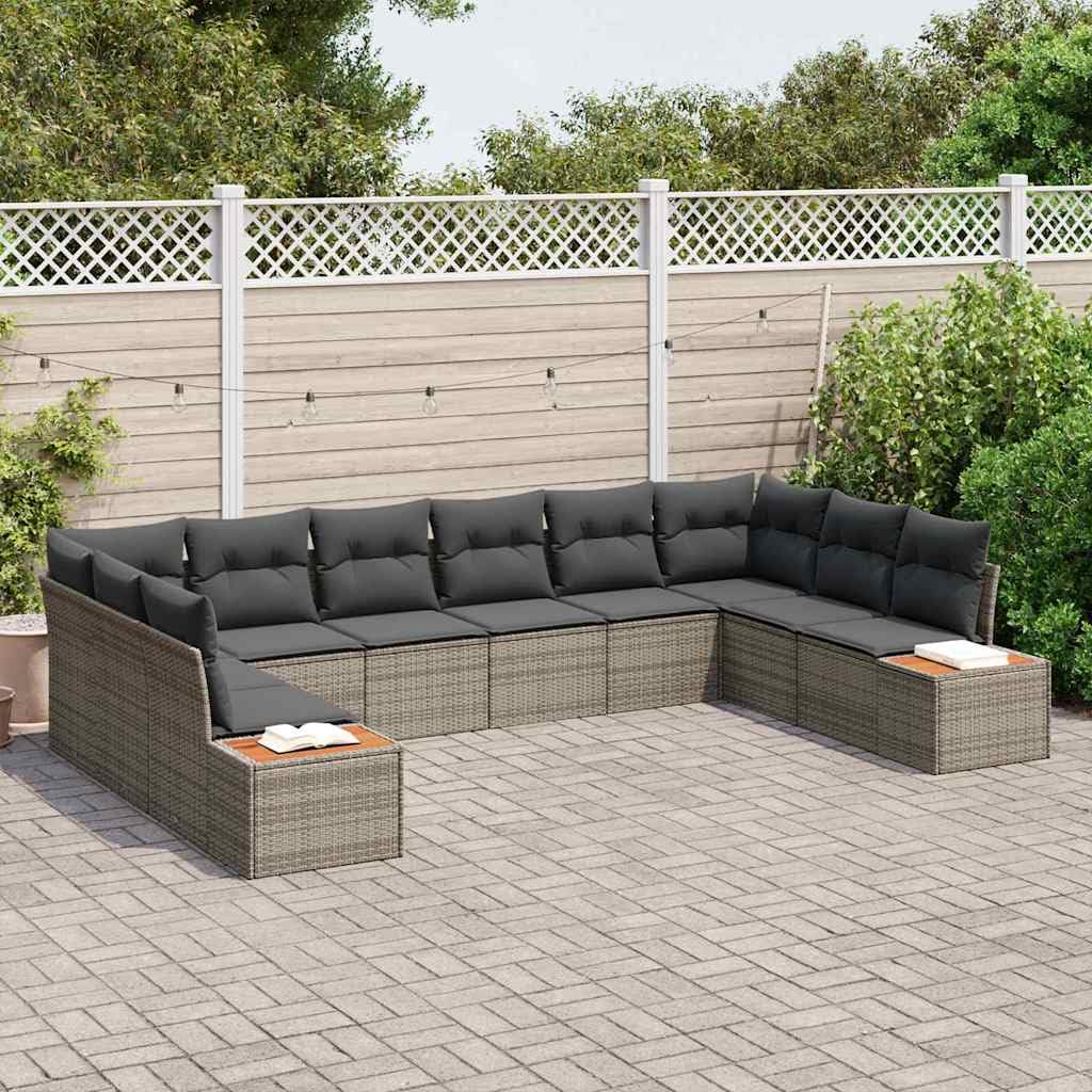 Set di 10 divani da giardino in polyrattan grigio con cuscini