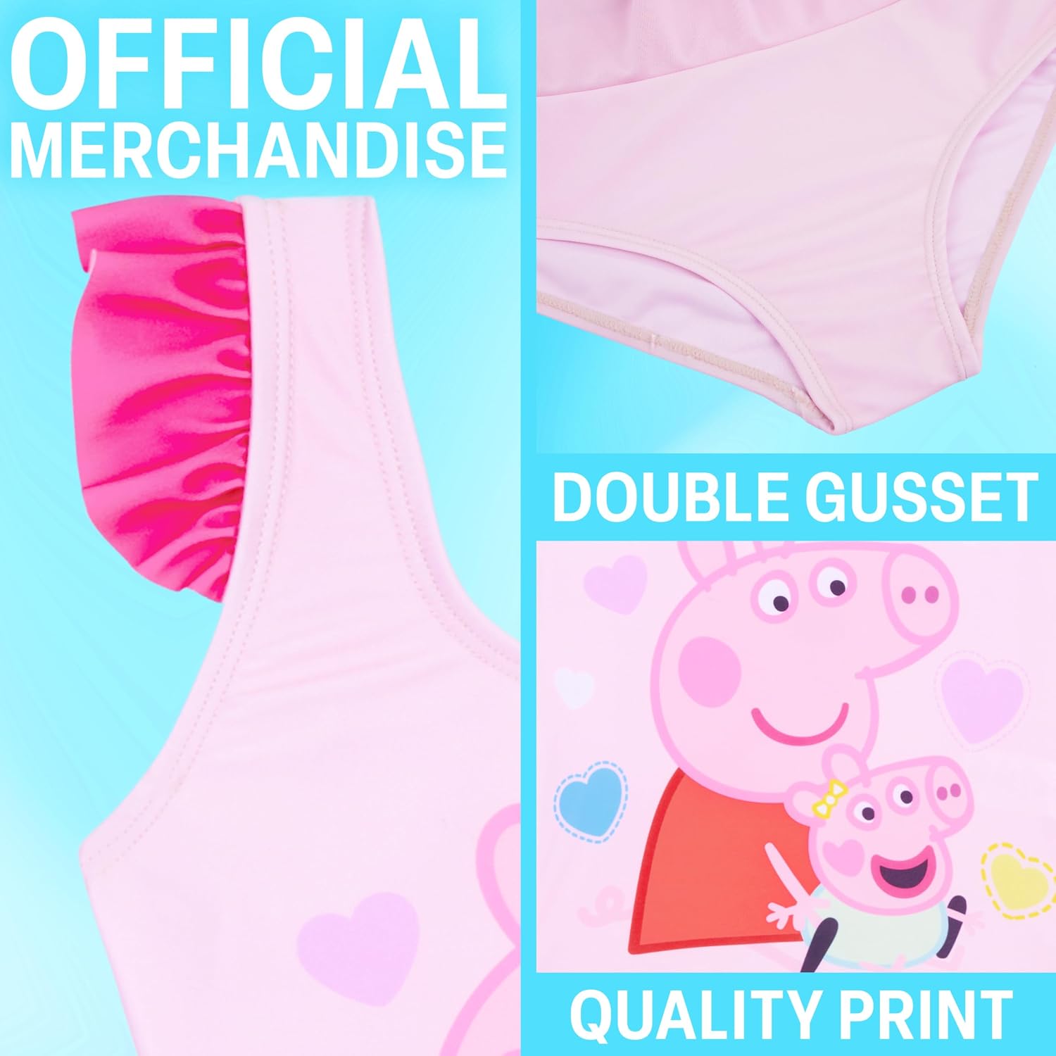 Peppa Pig One Piece Girls Swim Dress, Ruffle Strap Swimsuit with Coverup Skirt, Built in Briefs Bathing Suit, 2–7Y