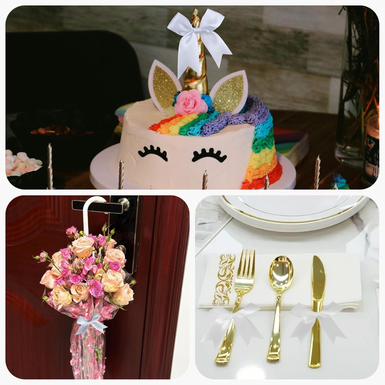 60Pcs Crisp White Gift Wrap Bows, 3.3" Satin Ribbon Bows for Gift Wrapping, Large Size Bows for Treat Bags, Baby Shower Birthday Wedding Xmas Party Decors, Valentines, Gift Bags, DIY Crafts - Image 6