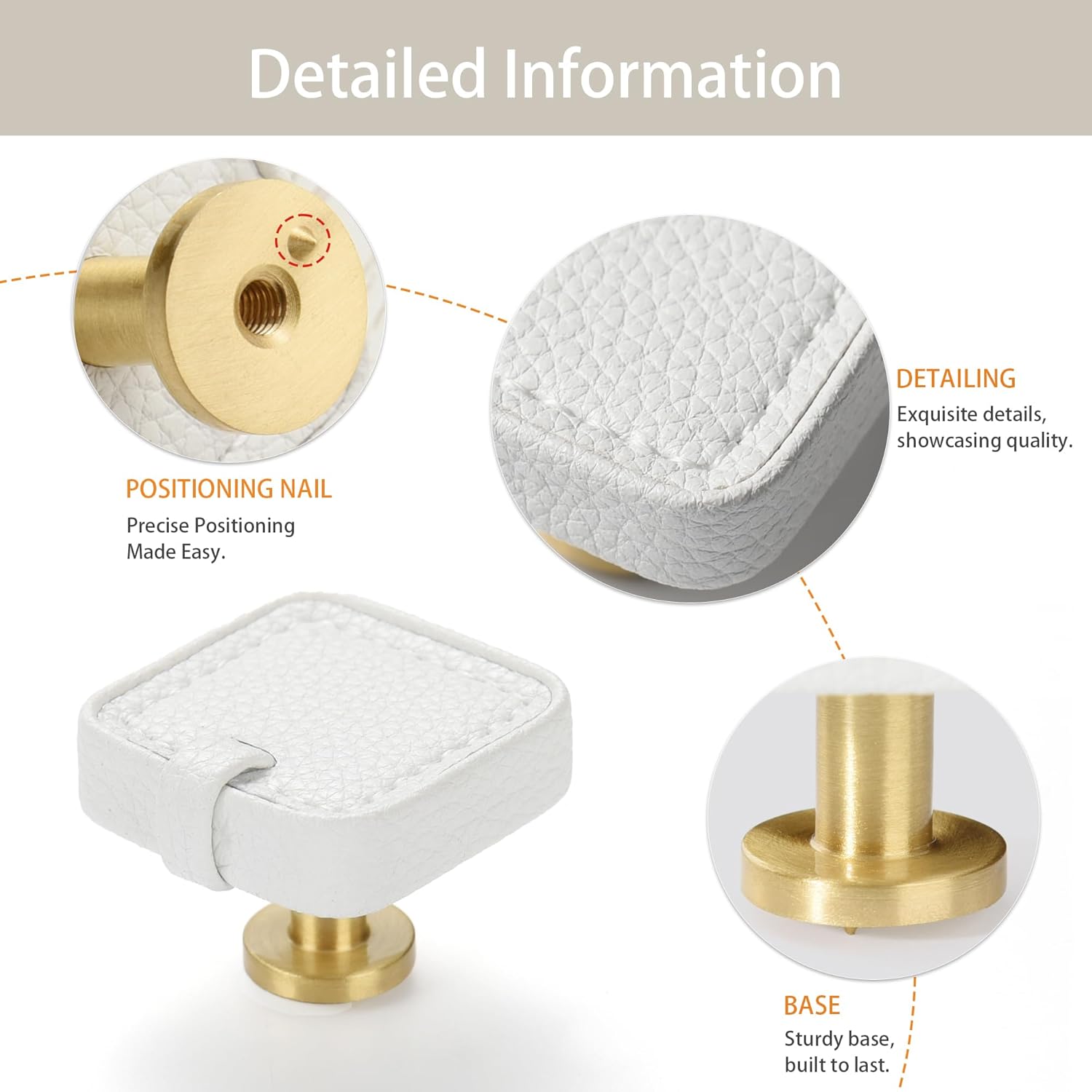 Satanga Kitchen Leather Cabinet Drawer Dresser Knobs Pack of 10 White Brass Square Cupboard Door Bathroom Handles Furniture Wardrobe Hardware One Single Hole Diameter 1 2/5 Inch with Screws Modern
