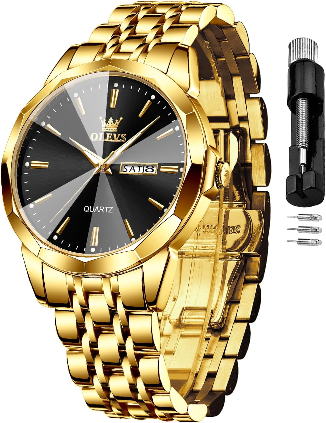 Men's Watch Luxury Business Dress Watch UK Diamond Design Quartz Stainless Steel Waterproof Luminous Week Calendar Gift