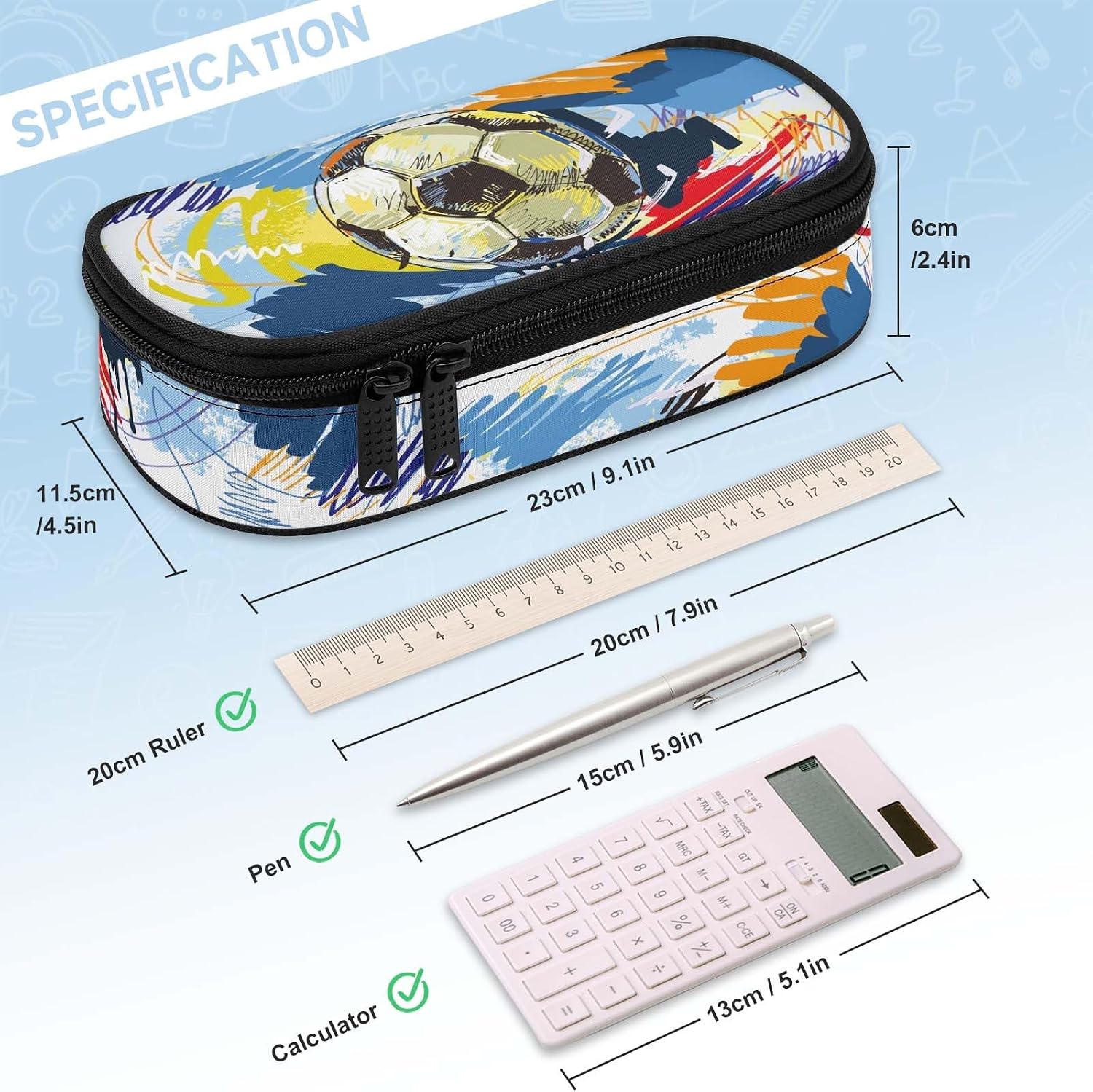 Soccer Large Pencil Case Big Capacity Pencil Pouch for Kids Girls Boys Teen Women Men, Portable Kids Pencil Bag with Zipper, Stationery Storage Pen Bag for School Supplies Office Organizer