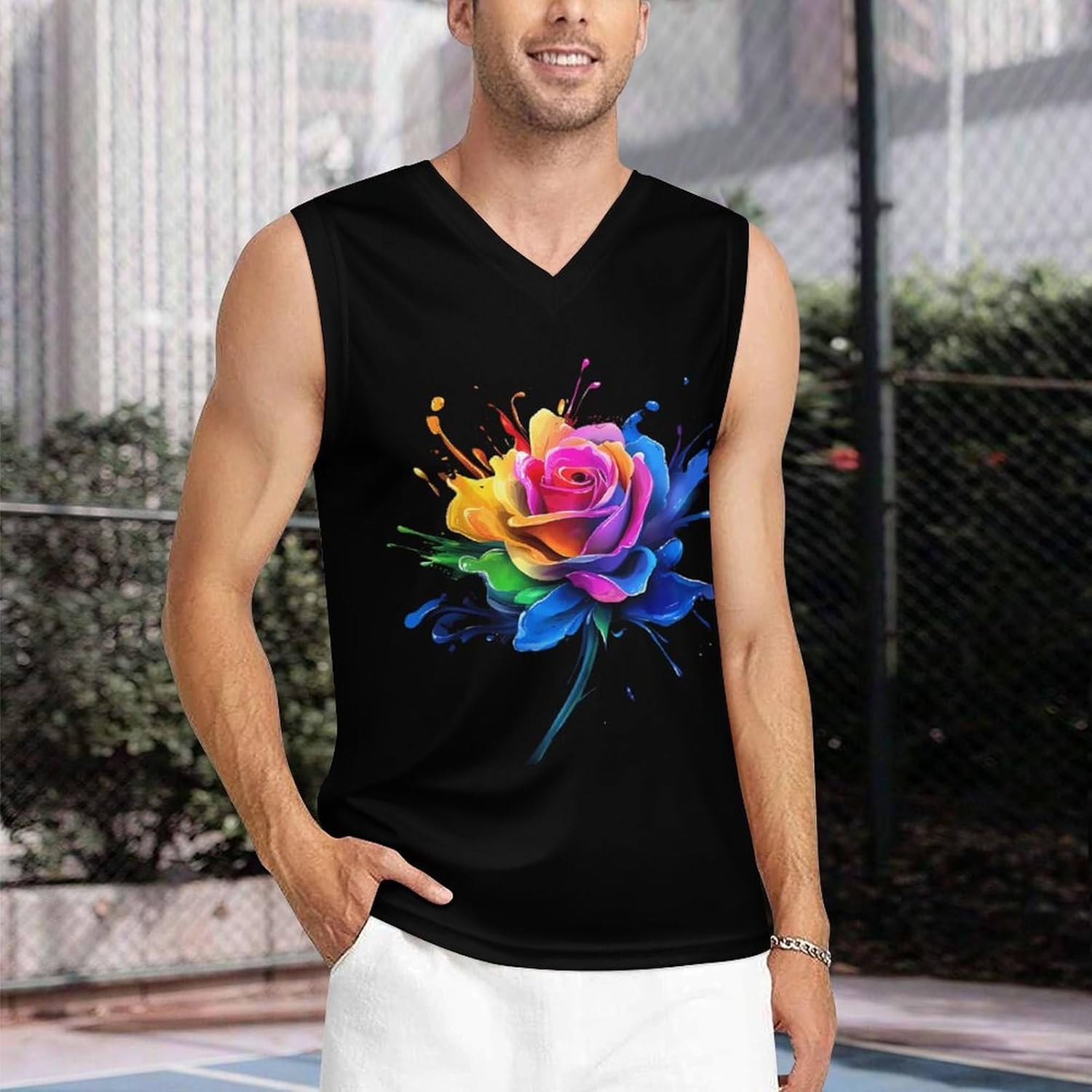 Colorful Paint Splash Rose Men's V-Neck Basketball Tank Top Sleeveless Workout Tank Shirts Gym Fitness Tees Vest