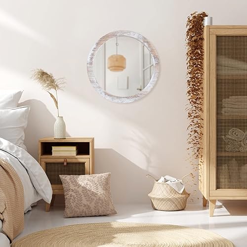Miniatura 6 de JJUUYOU Espejo de pared circular de 16 pulgadas para baño, espejo circular blanco de granja para baño, espejo colgante con marco de madera para sala